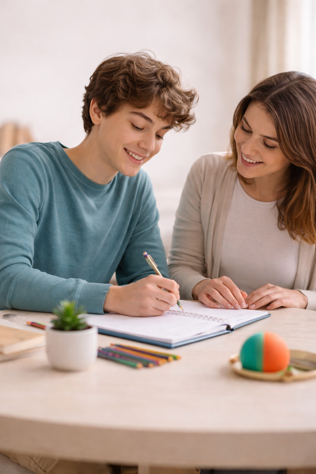 A student and woman sit at a table, smiling as they look at a notebook. The student is writing with a pen, and colored pencils, a small potted plant, and a colorful ball are on the table.