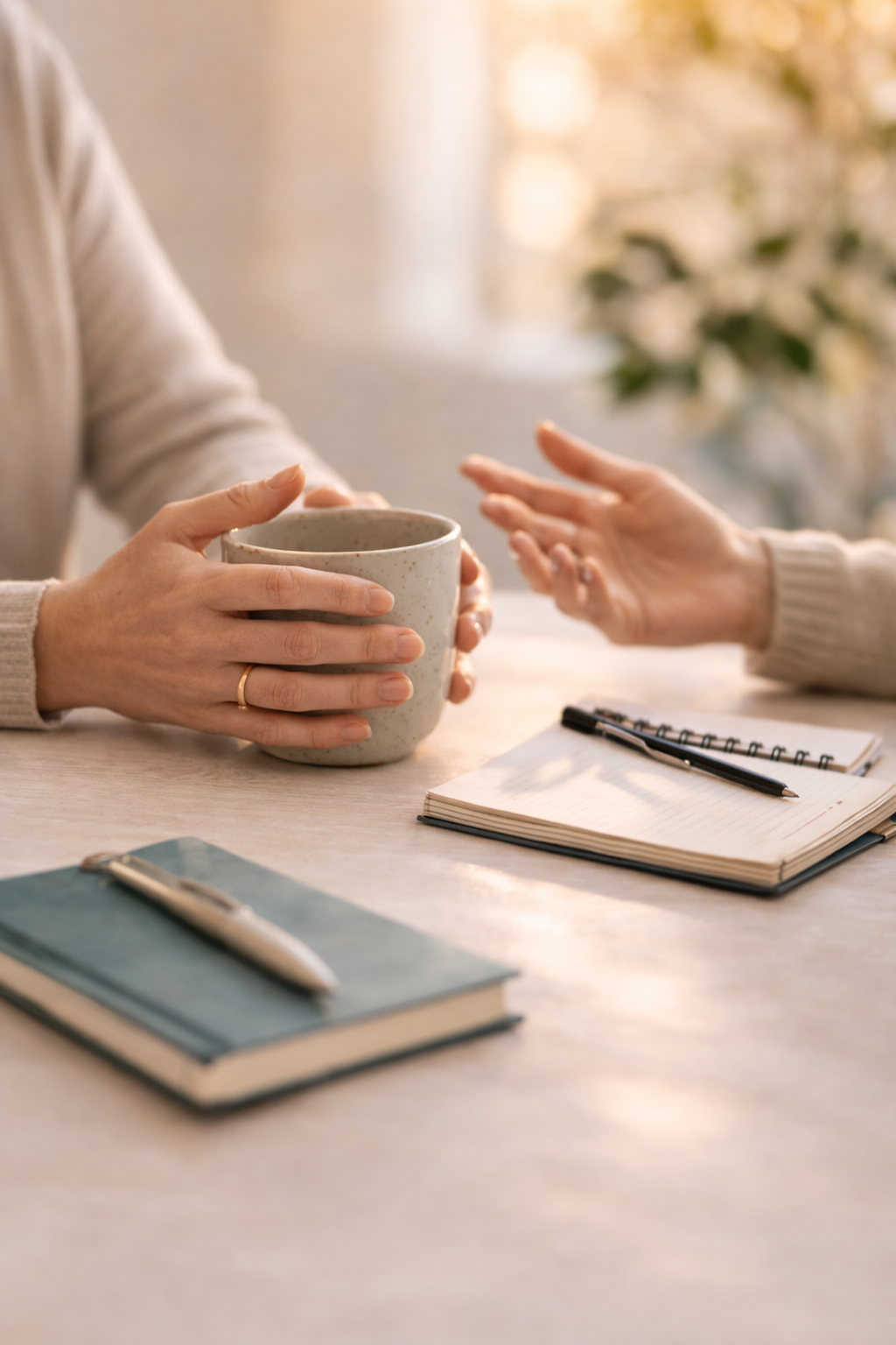 Two people exchanging a coffee mug at a meeting table with notebooks and pens, in a bright, cozy indoor setting.