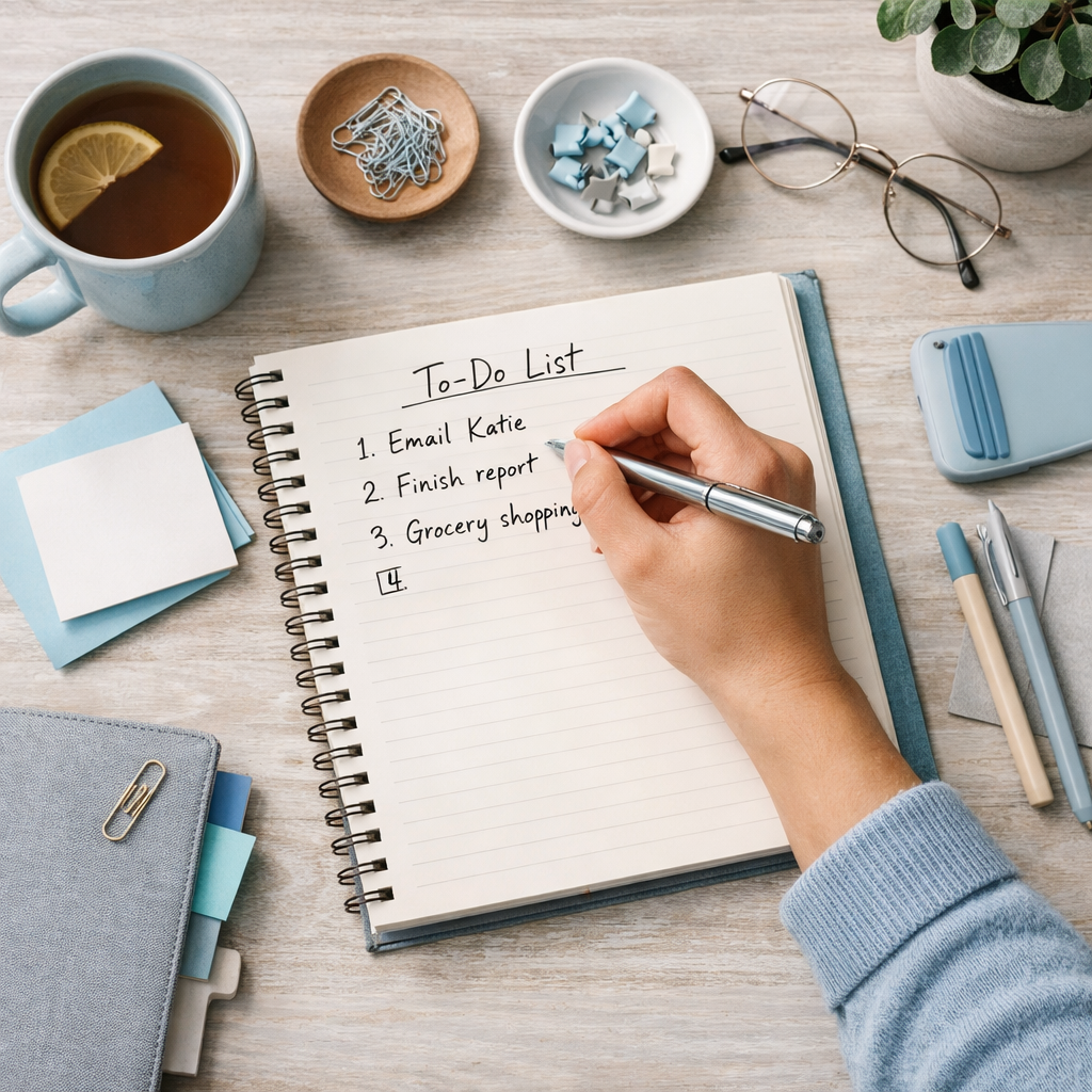 A person's hand writing a to-do list in a notebook on a desk surrounded by office supplies, a cup of tea with lemon, sticky notes, paper clips, pens, glasses, and a potted plant.