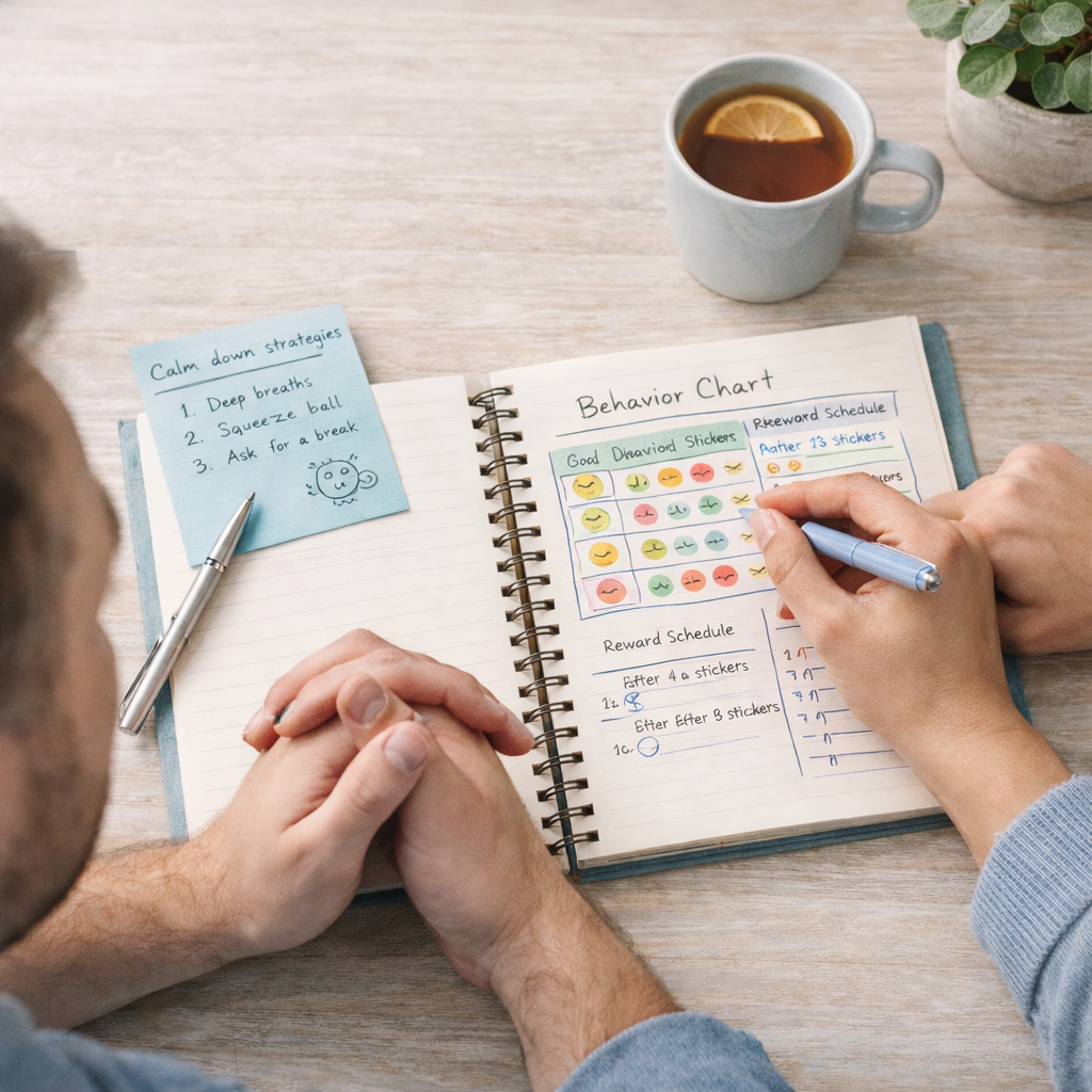 A person planning behavior modification with a skill chart, reward schedule, and a calming strategies note, on a wooden table with a cup of tea and a plant.