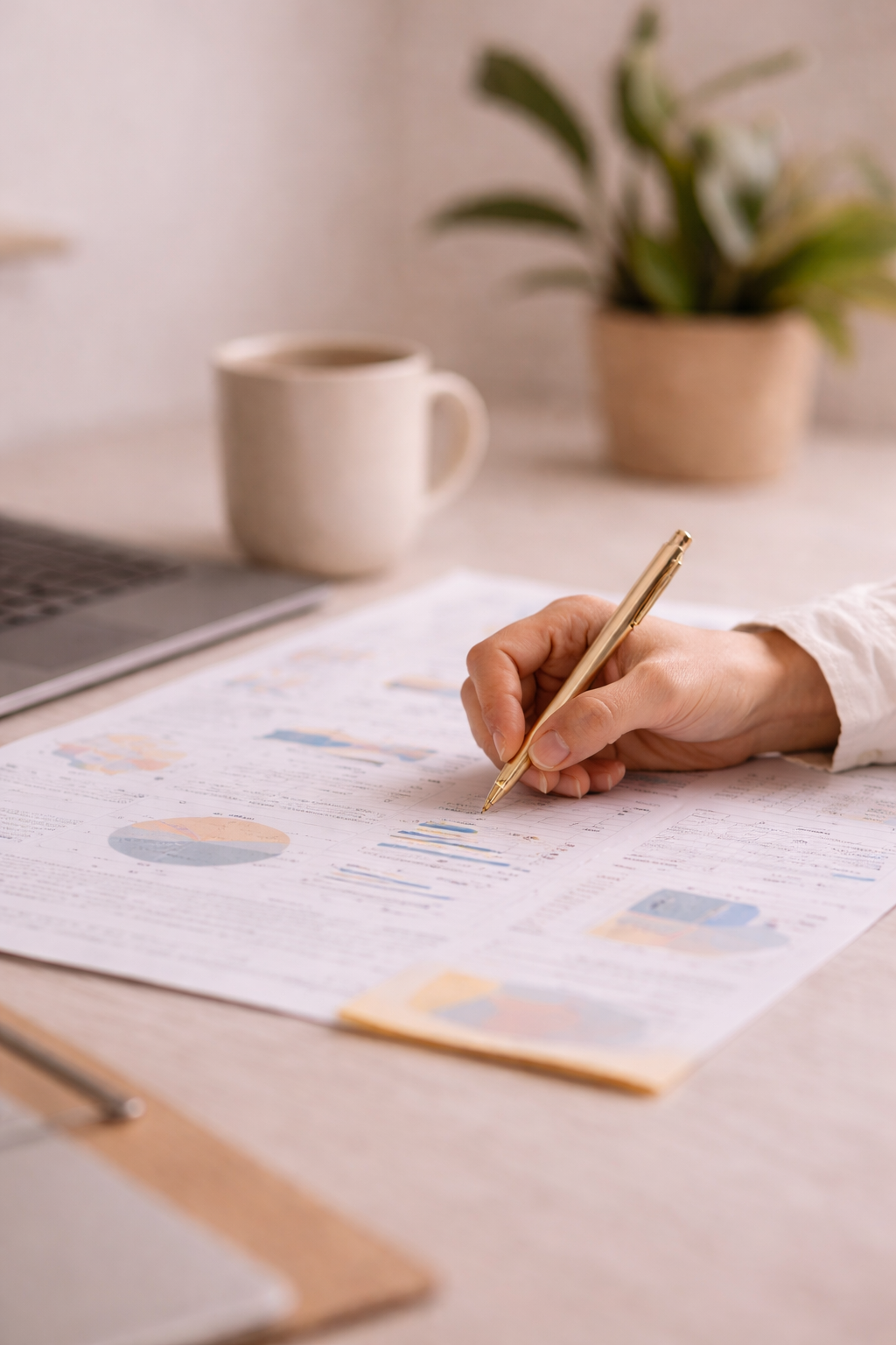 Person analyzing charts and graphs with a gold pen on a desk, with a coffee mug and potted plant in the background.