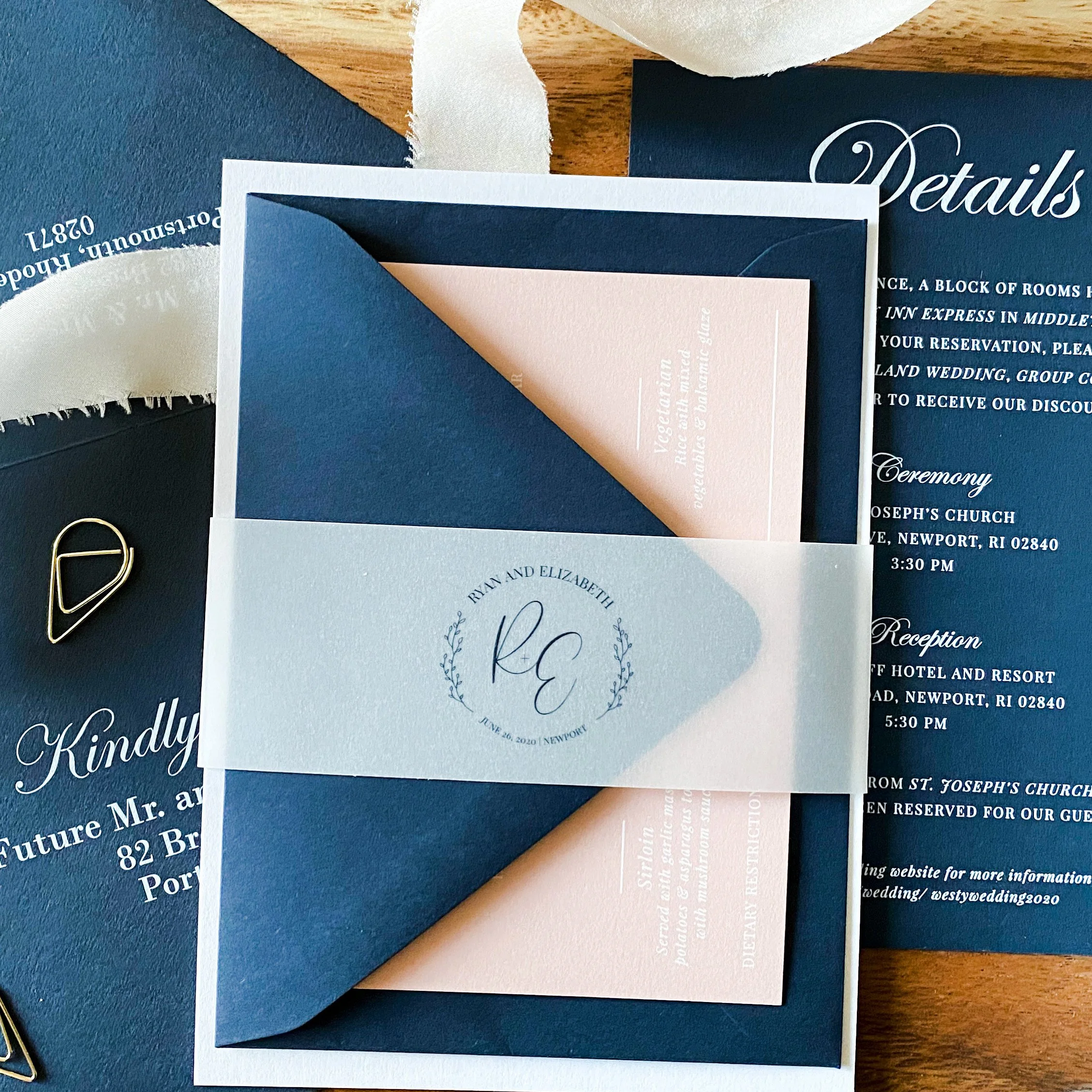 Invitation set with navy blue and blush pink cards, featuring a custom wedding monogram for a Newport Rhode Island wedding. Navy Blue and Blush color palette. 