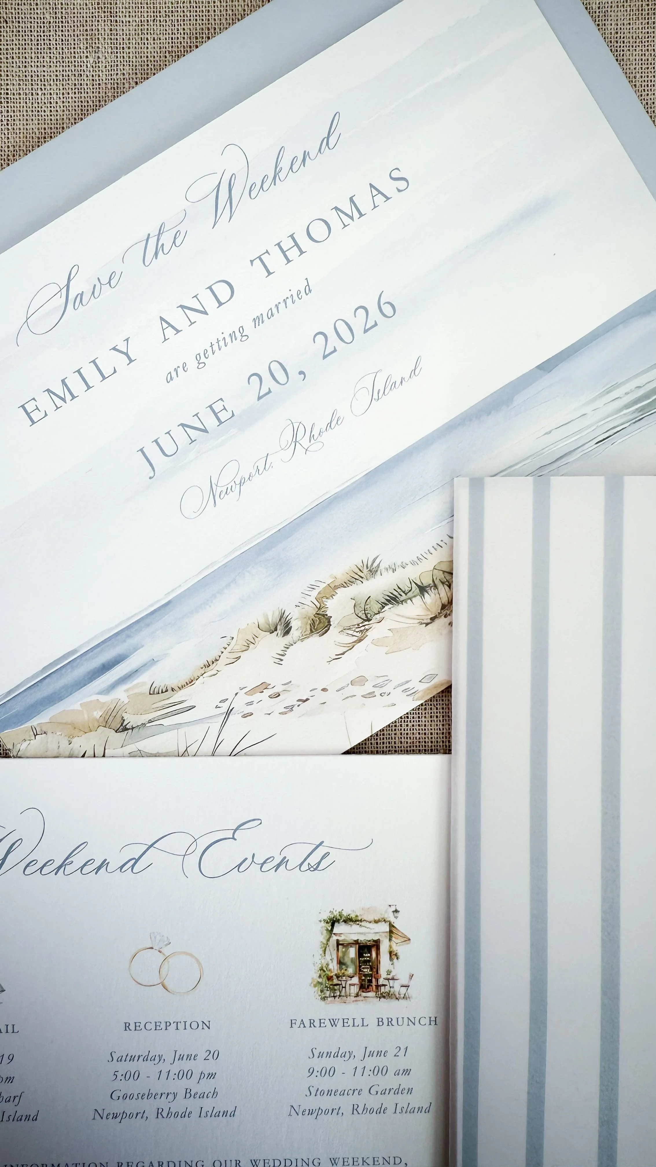 Wedding save the date and event invitation suite in Newport Rhode Island, featuring watercolor beach scene and cabana watercolor striped design.