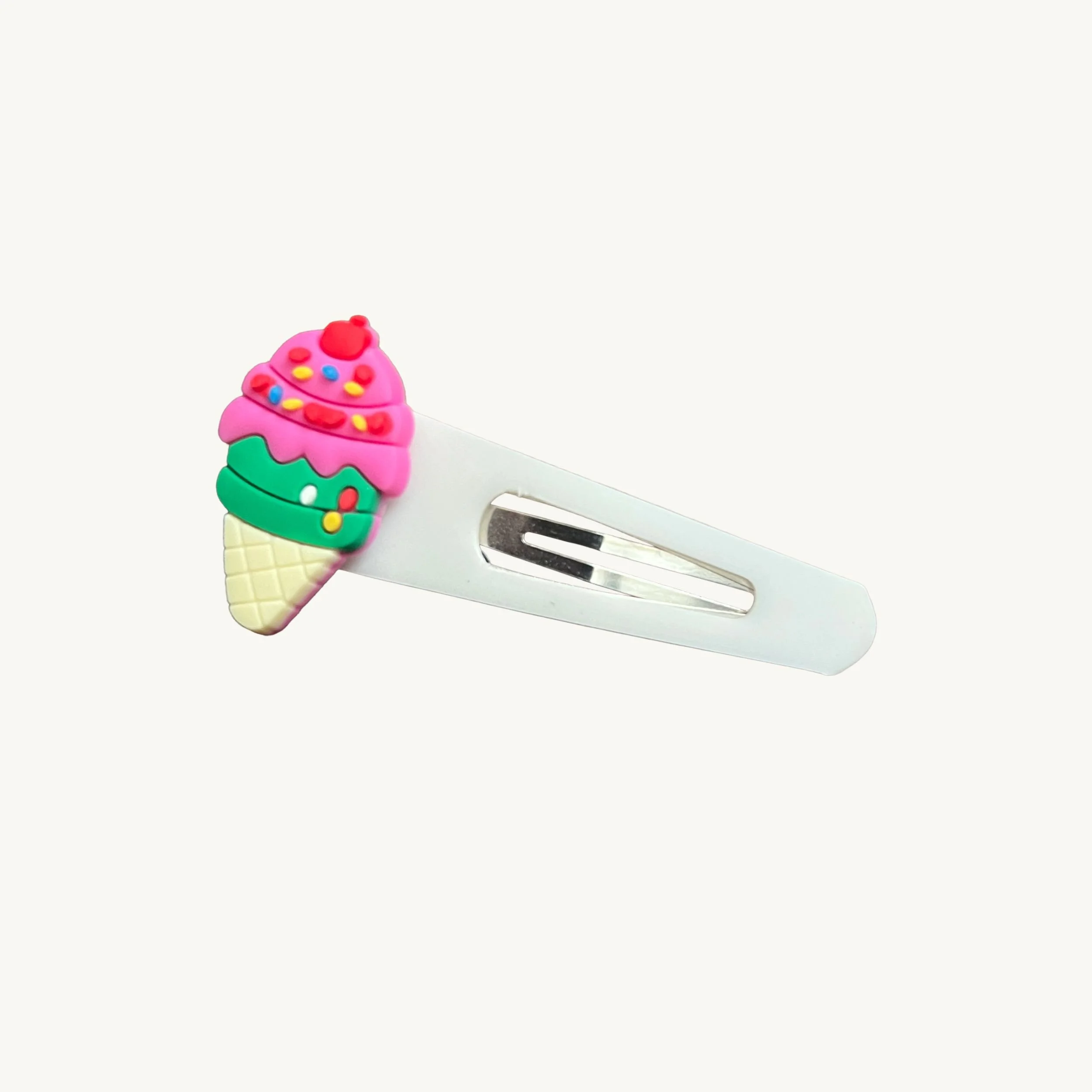 White hair clip with ice cream cone charm by CharmyKidz for customizable hair accessories