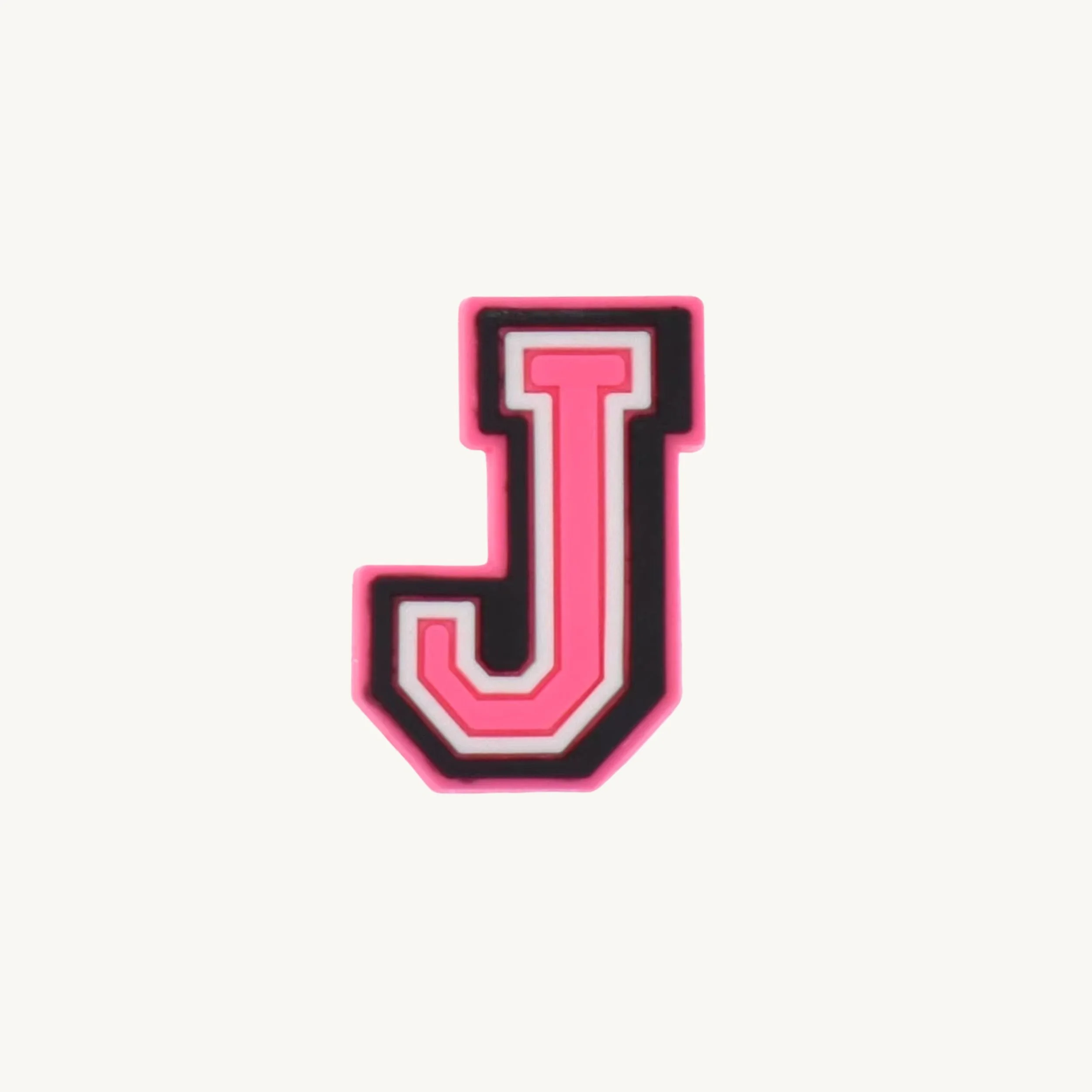 Pink varsity initial letter J charm by CharmyKidz for customizable hair accessories