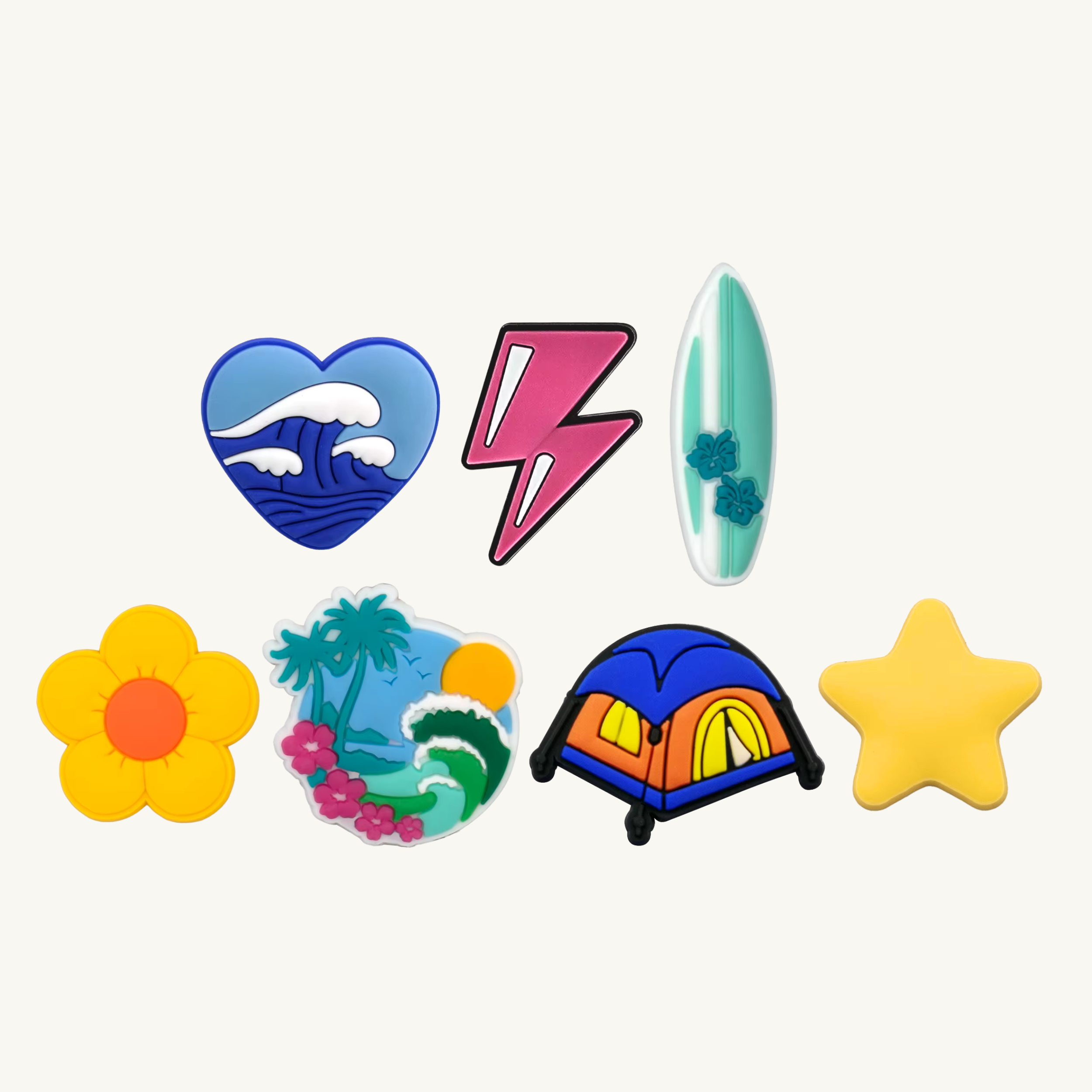 Ocean heart, lightning bolt, surfboard, flower, beach waves, camping tent, and star 7-pack charm set by CharmyKidz for customizable hair accessories