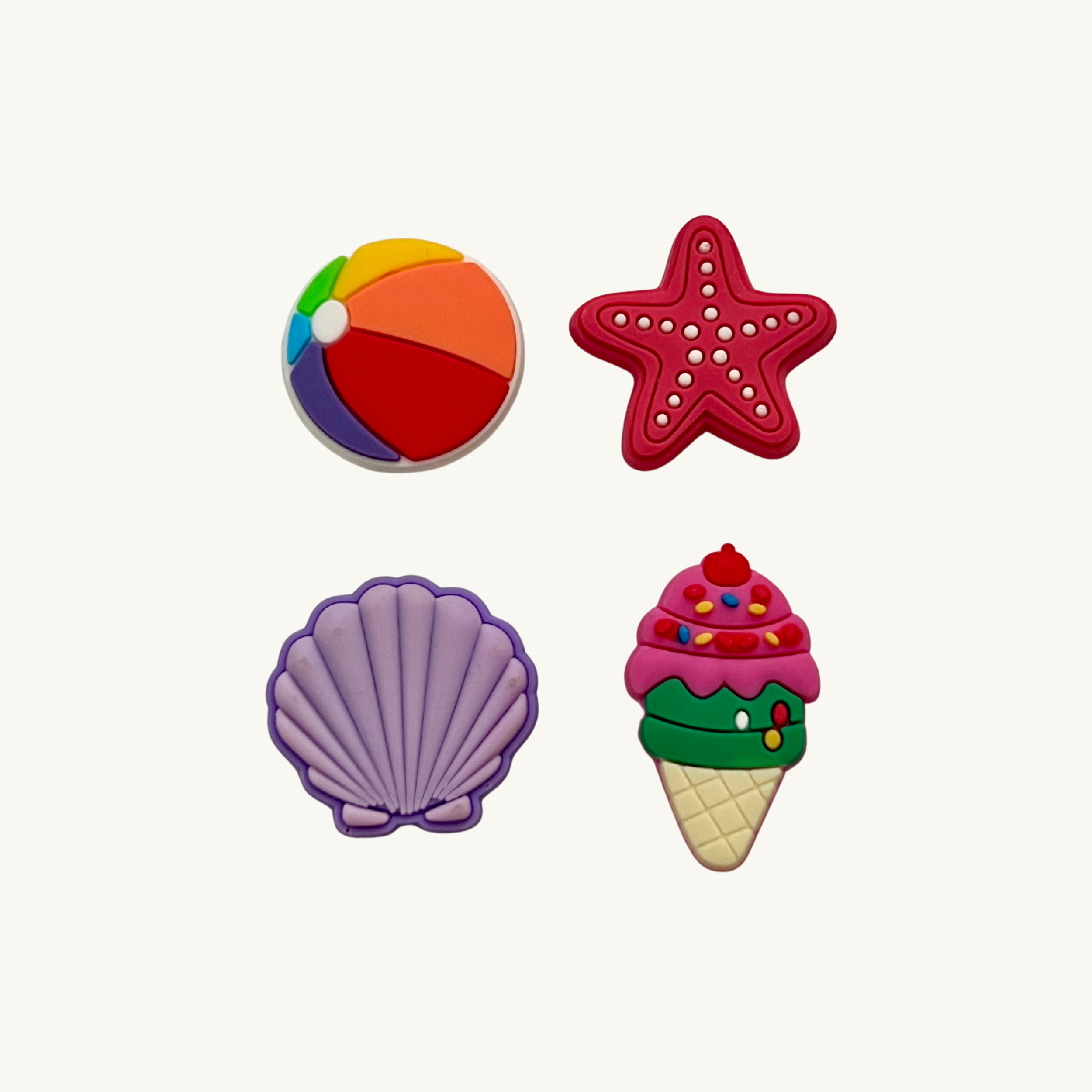 Beach ball, starfish, seashell, and ice cream cone 4-pack charm set by CharmyKidz for customizable hair accessories