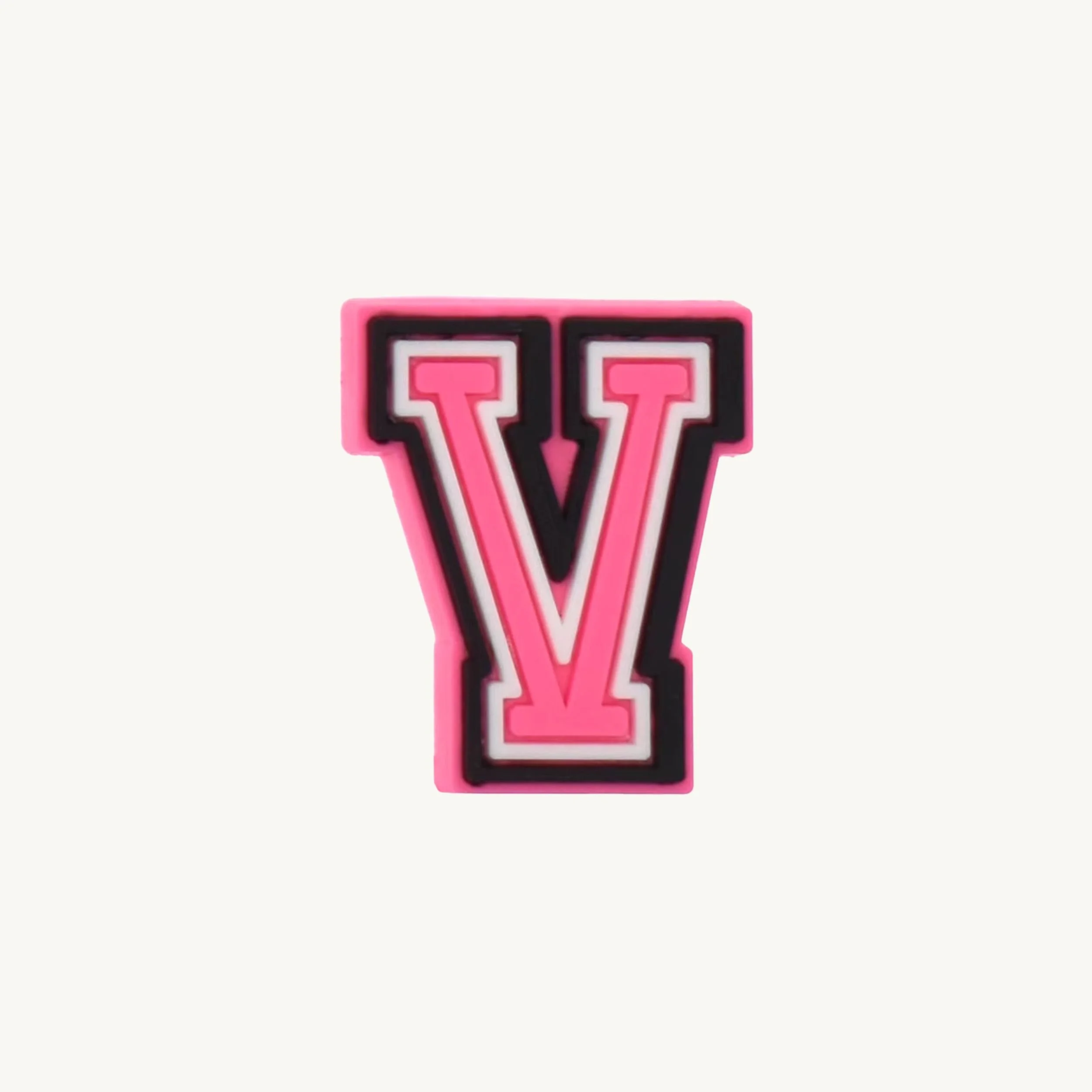 Pink varsity initial letter V charm by CharmyKidz for customizable hair accessories