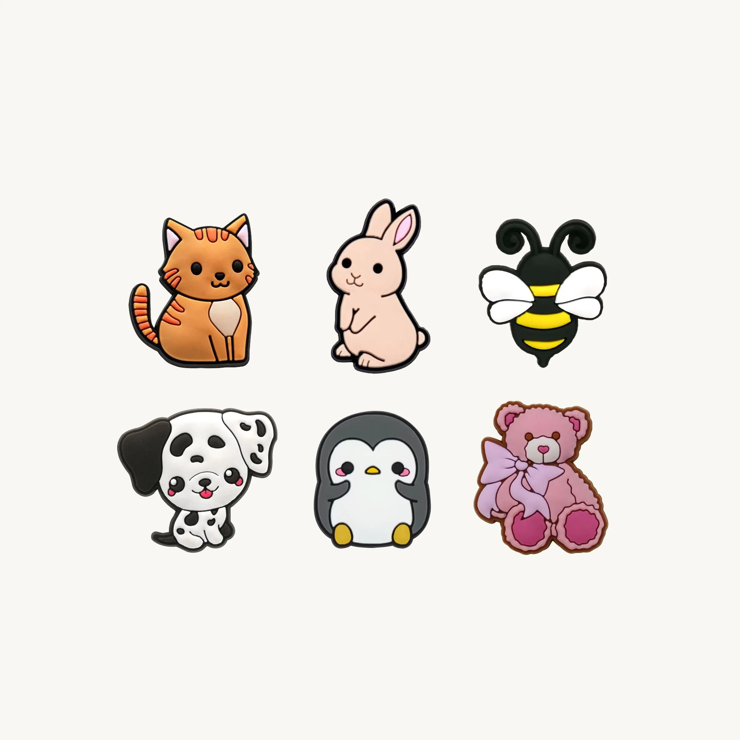 Tabby cat, bunny, bumblebee, dalmatian, penguin, and teddy bear 6-pack charm set by CharmyKidz for customizable hair accessories