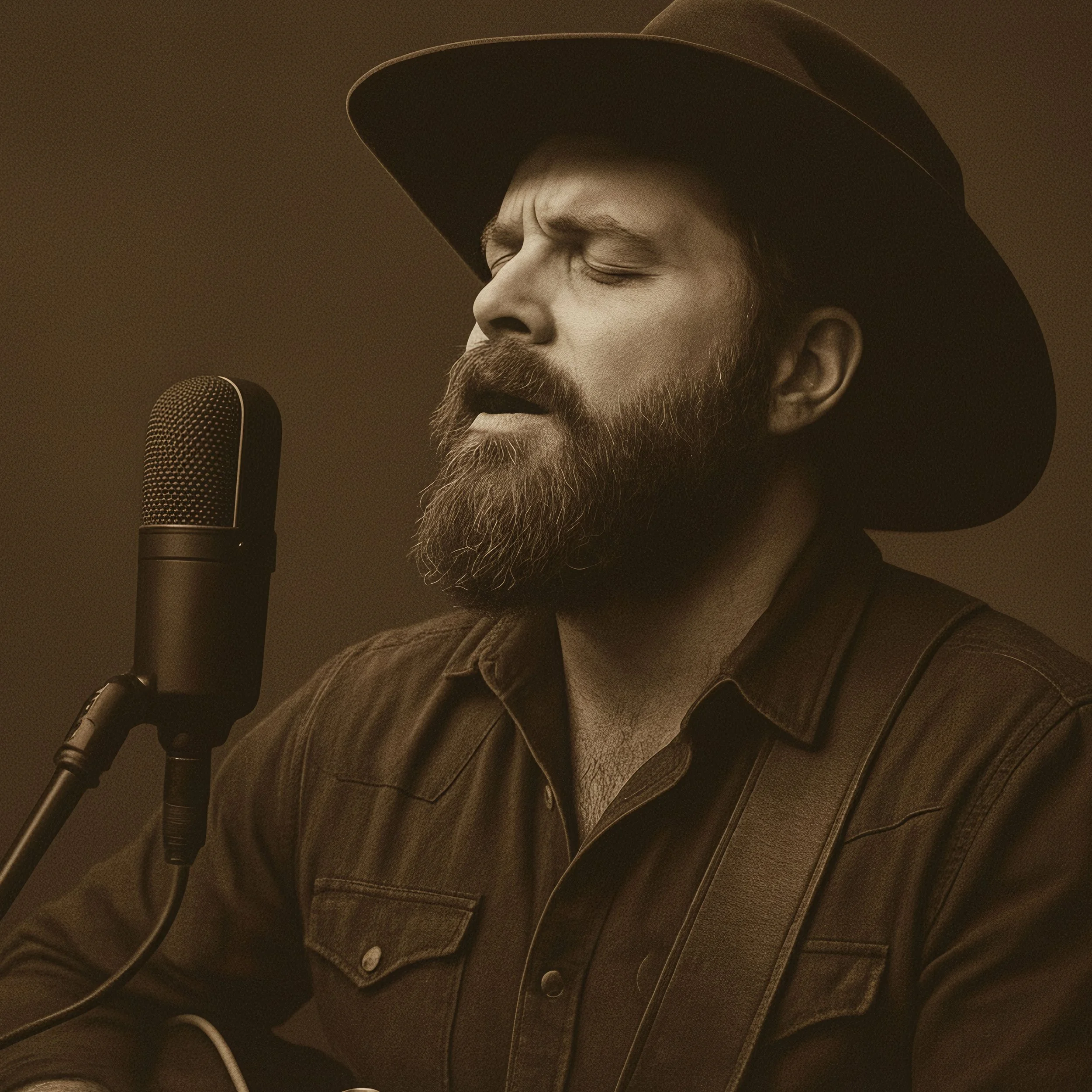A man with a beard and mustache wearing a wide-brimmed hat and a dark button-up shirt, singing into a microphone with his eyes closed.