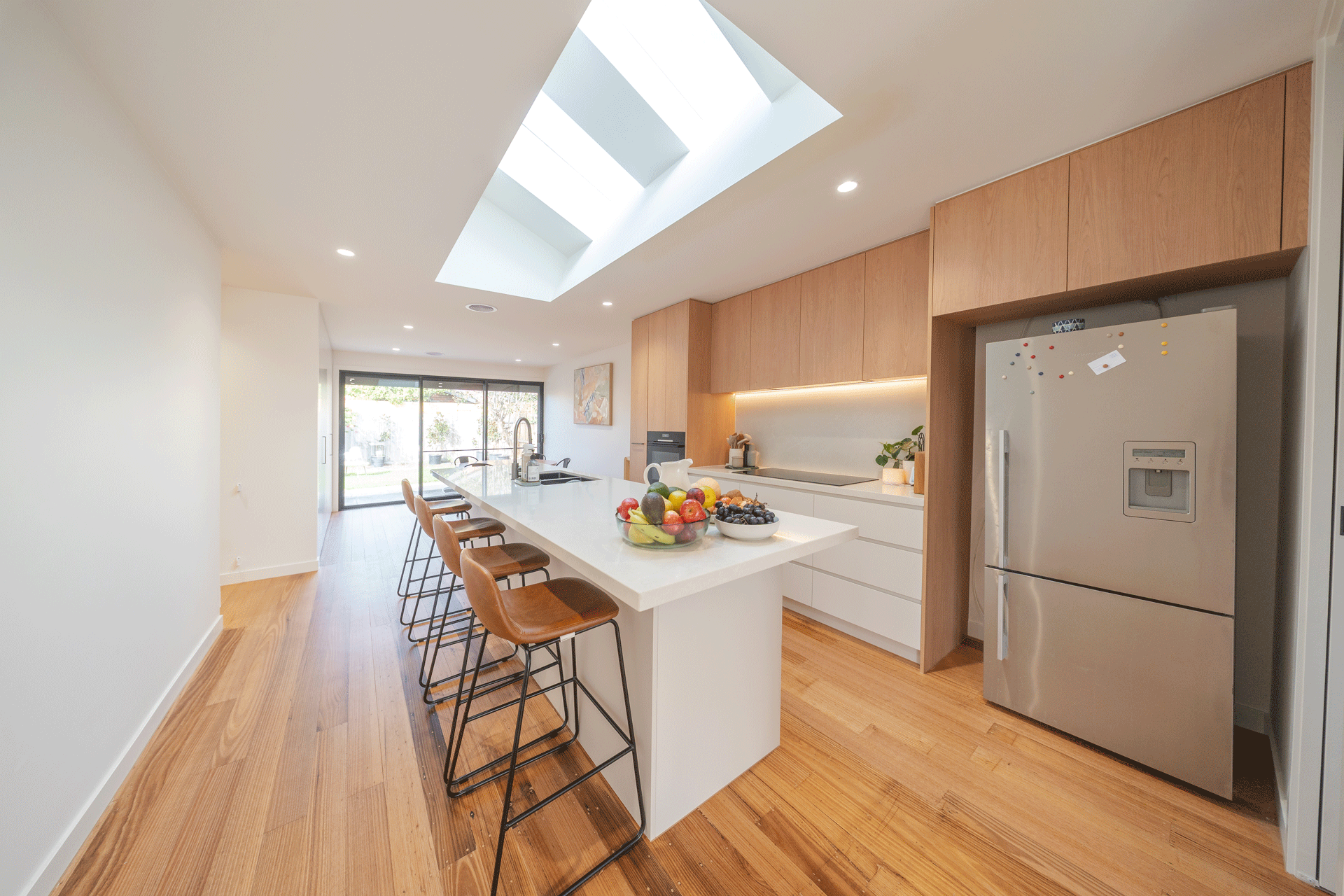 Beautiful, light filled, contemporary kitchen renovation with warm timber and stunning skylight