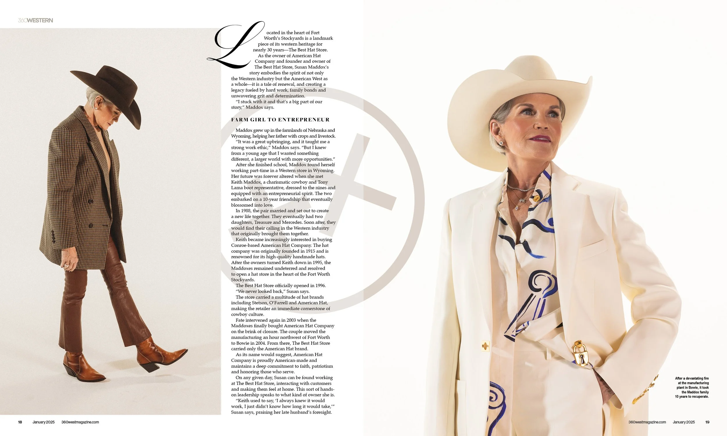 Two women dressed in cowboy-inspired clothing with hats, one on the left wearing a brown checked blazer and leather pants, the other on the right in a white suit and large white cowboy hat. The background is plain white.