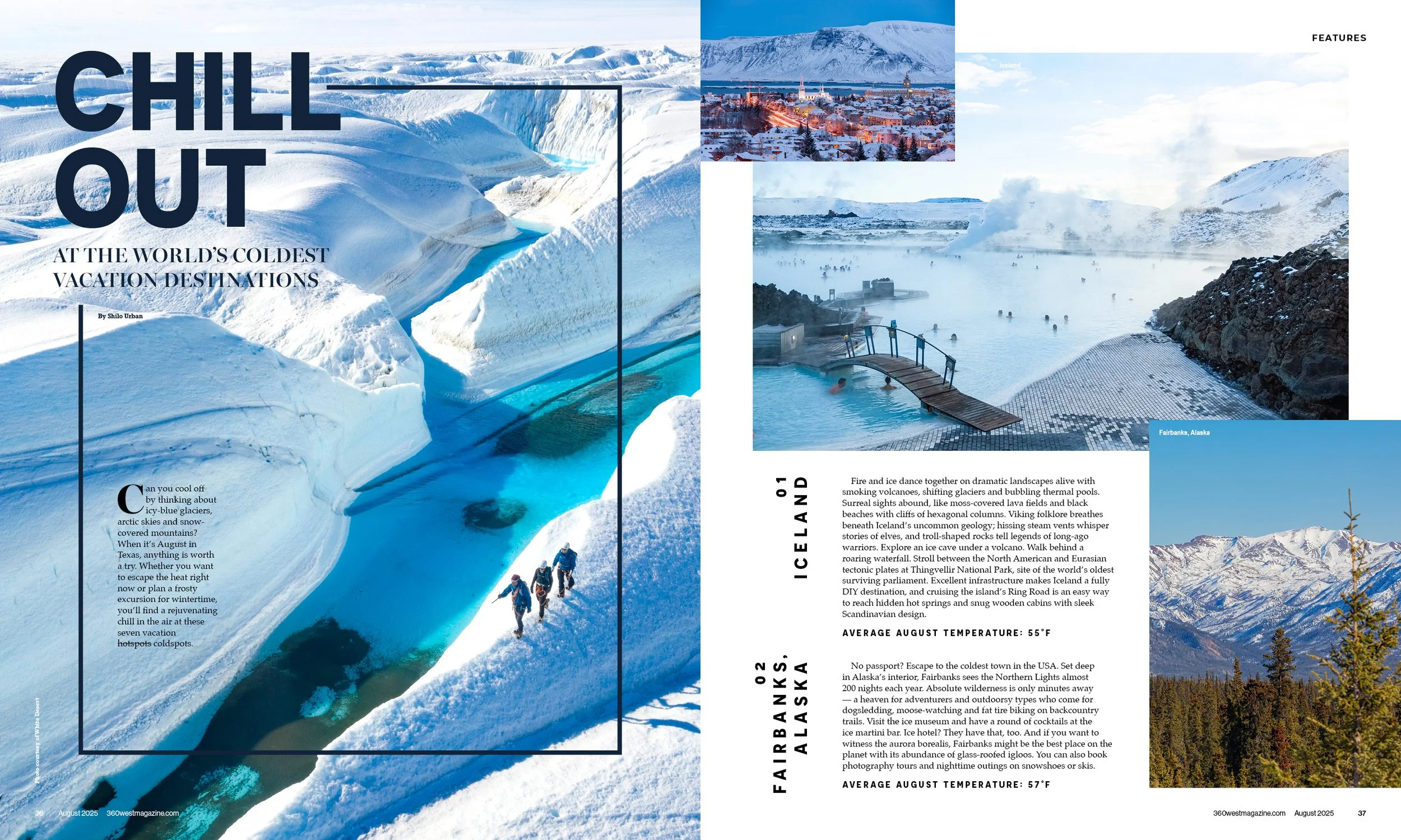 Magazine article featuring icy landscapes of Iceland and Fairbanks, Alaska, with images of snow-covered mountains, thermal pools, and stunning icy scenery.