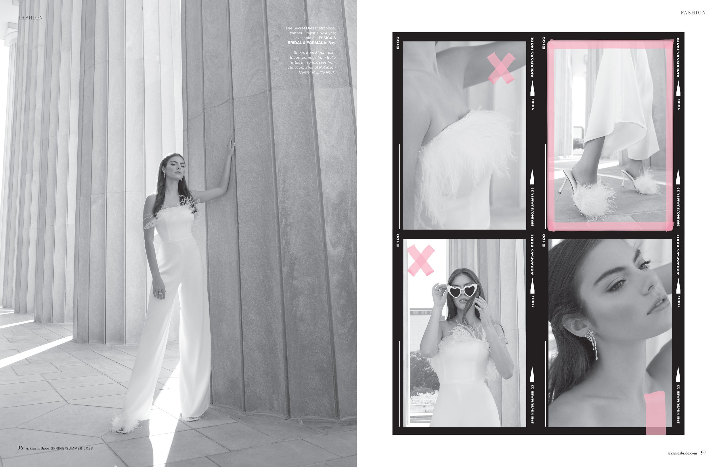 Fashion magazine spread featuring a woman in a white dress with feather details, posing against a large architecture wall, with close-up shots of her footwear, a playful pose with heart-shaped sunglasses, and a profile portrait, all in black and whit
