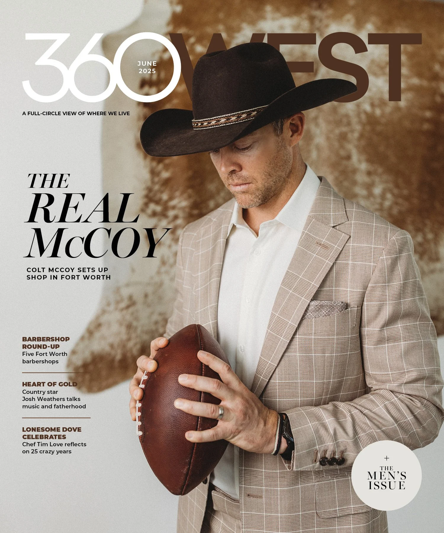 Man wearing a plaid suit and a black cowboy hat looking down at a football, standing in front of a textured brown wall. Magazines cover stories on barbershops, country music, fatherhood, and a reflection on 25 years of Chef Tim Love.