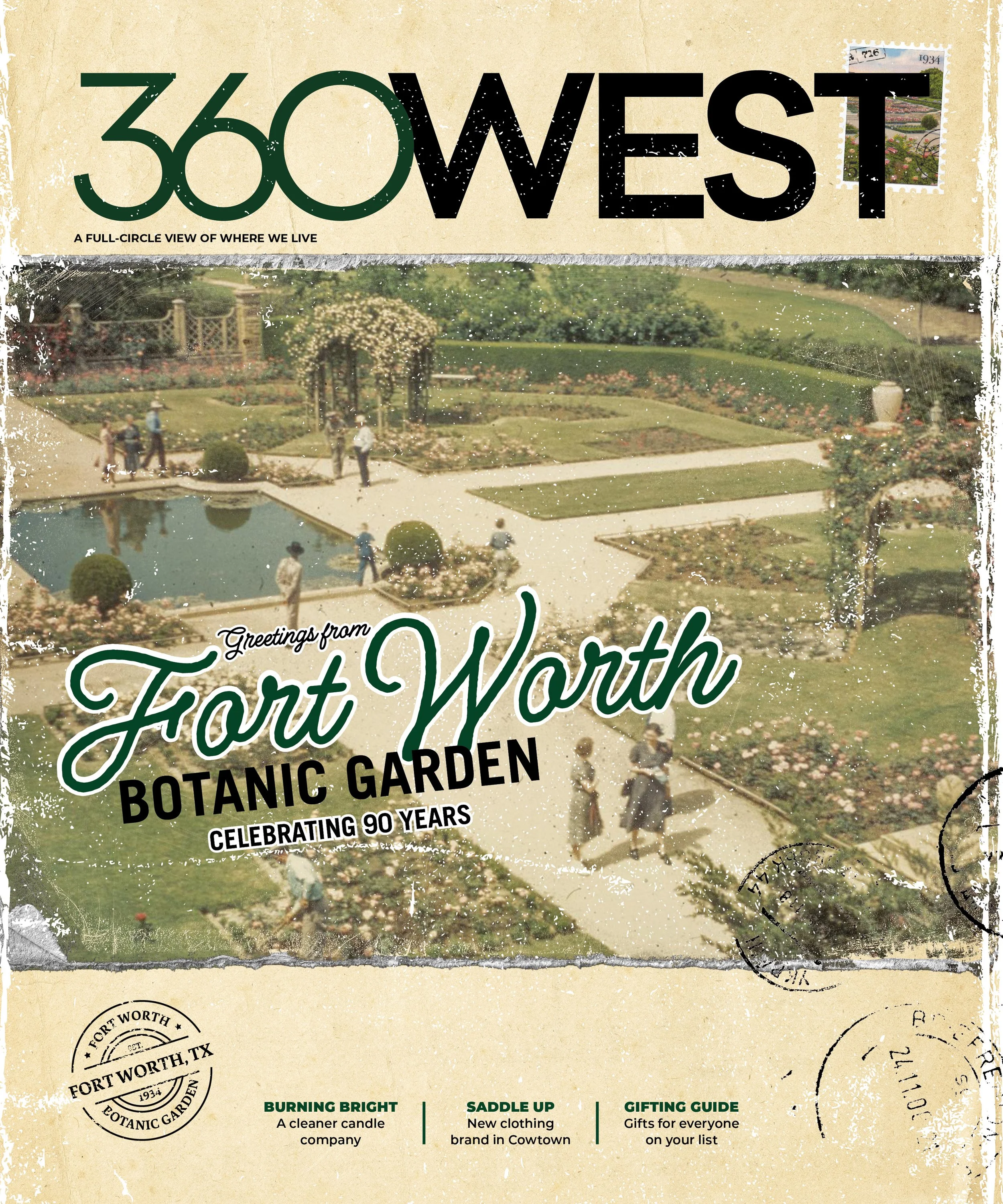 Cover of a magazine featuring a vintage photo of Fort Worth Botanic Garden, celebrating 90 years. The photo shows a historic garden with walkways, a fountain, and people strolling. The cover includes text: 'Greetings from Fort Worth Botanic Garden,' 