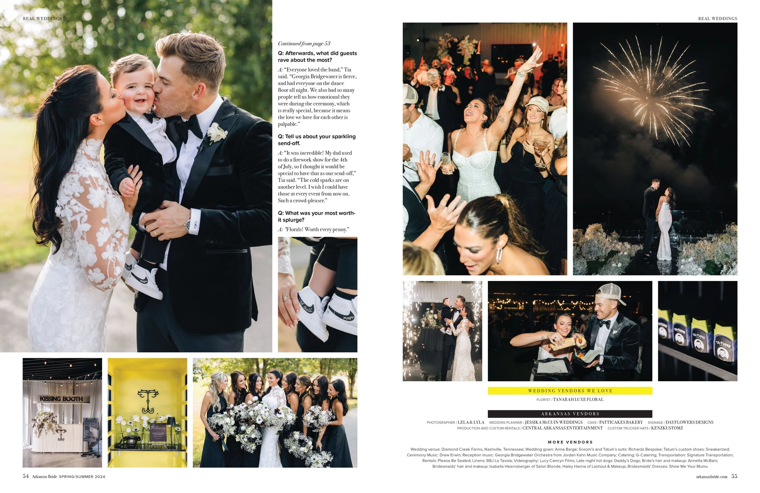 A collage of wedding scenes, including a bride and groom kissing with a child, guests celebrating and dancing, fireworks over a couple, a bride and groom dancing, a couple with sparklers, wedding bouquets, and wedding vendors.