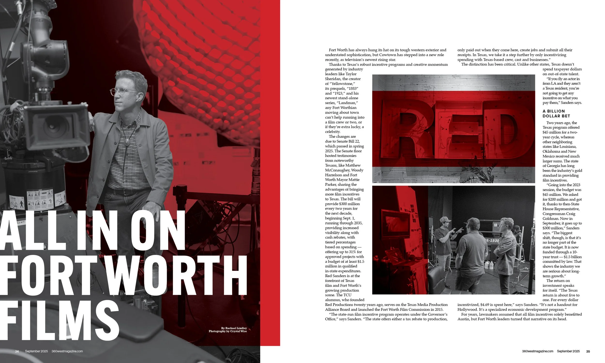A person operating a film camera in a studio with a red backdrop and a large red 'RED' logo on a screen, part of a magazine article layout about Fort Worth film industry.
