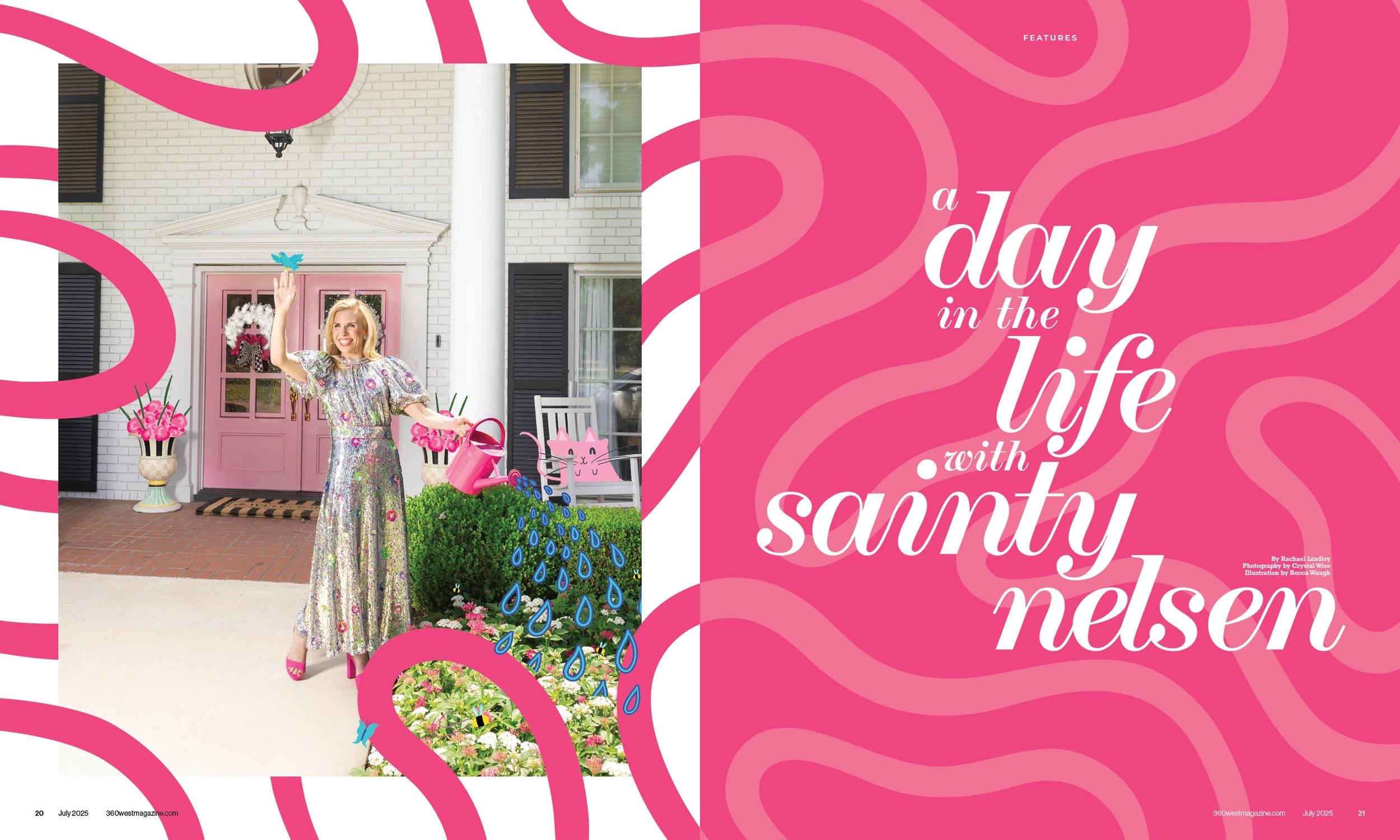 A woman with blonde hair wearing a sparkly dress and pink heels standing in front of a white house with pink doors, holding a pink watering can. She is surrounded by pink flower arrangements, a pink bird figurine, and cartoon-like blue water droplets