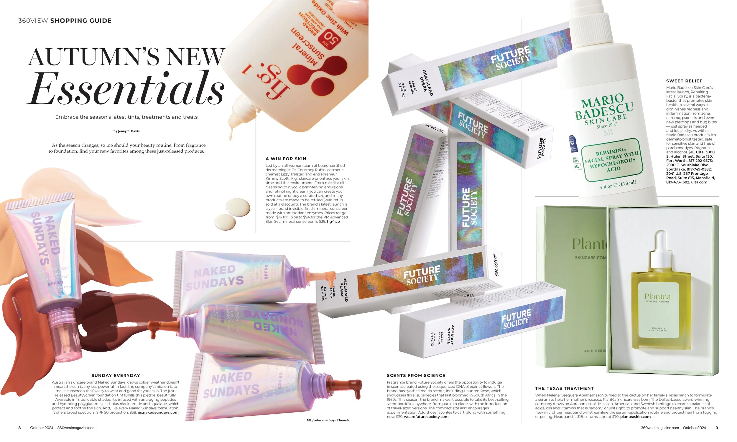 Collection of skincare products and cosmetics, including moisturizers, serums, and sunscreens, arranged on a white background with text describing their uses and features.