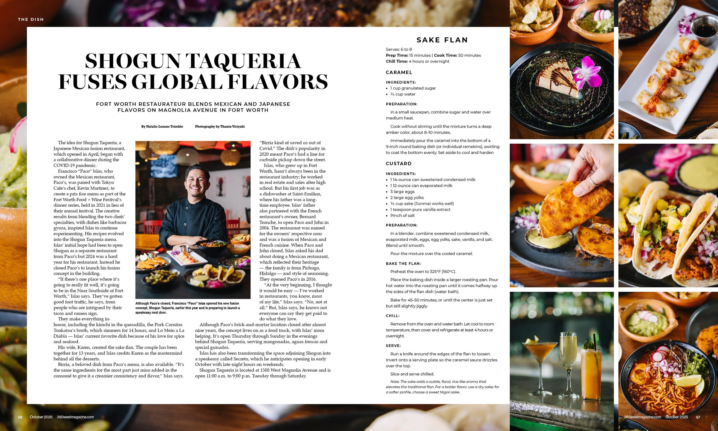 Two pages from a magazine featuring an article about Shogun Taqueria, with photos of various Mexican and Japanese dishes, a chef, and cocktails.