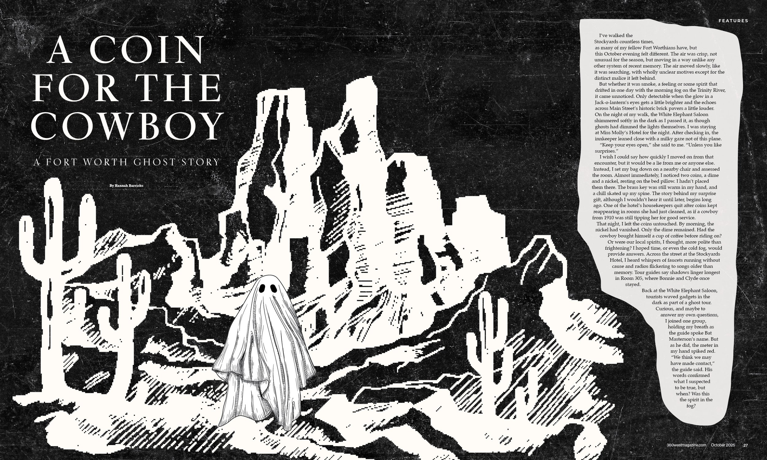 A black and white illustrated magazine page titled 'A Coin for the Cowboy: A Fort Worth Ghost Story' featuring a mountainous landscape with cacti and a ghost figure with a sheet and two black eyes.