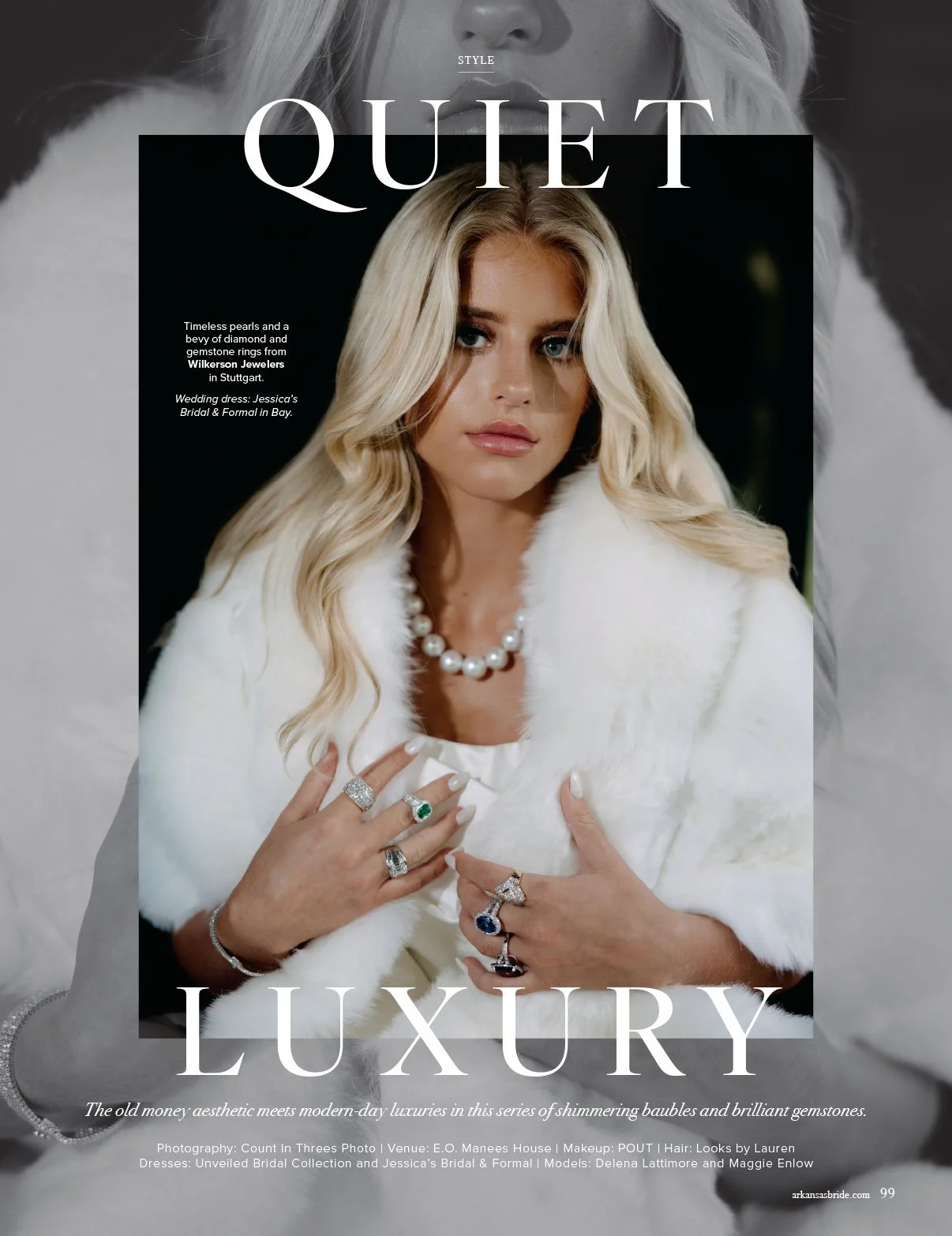 Magazine cover featuring a woman with blonde hair wearing pearl jewelry and diamond rings, dressed in a white fur coat, with the text 'Luxury' and 'Quiet'.