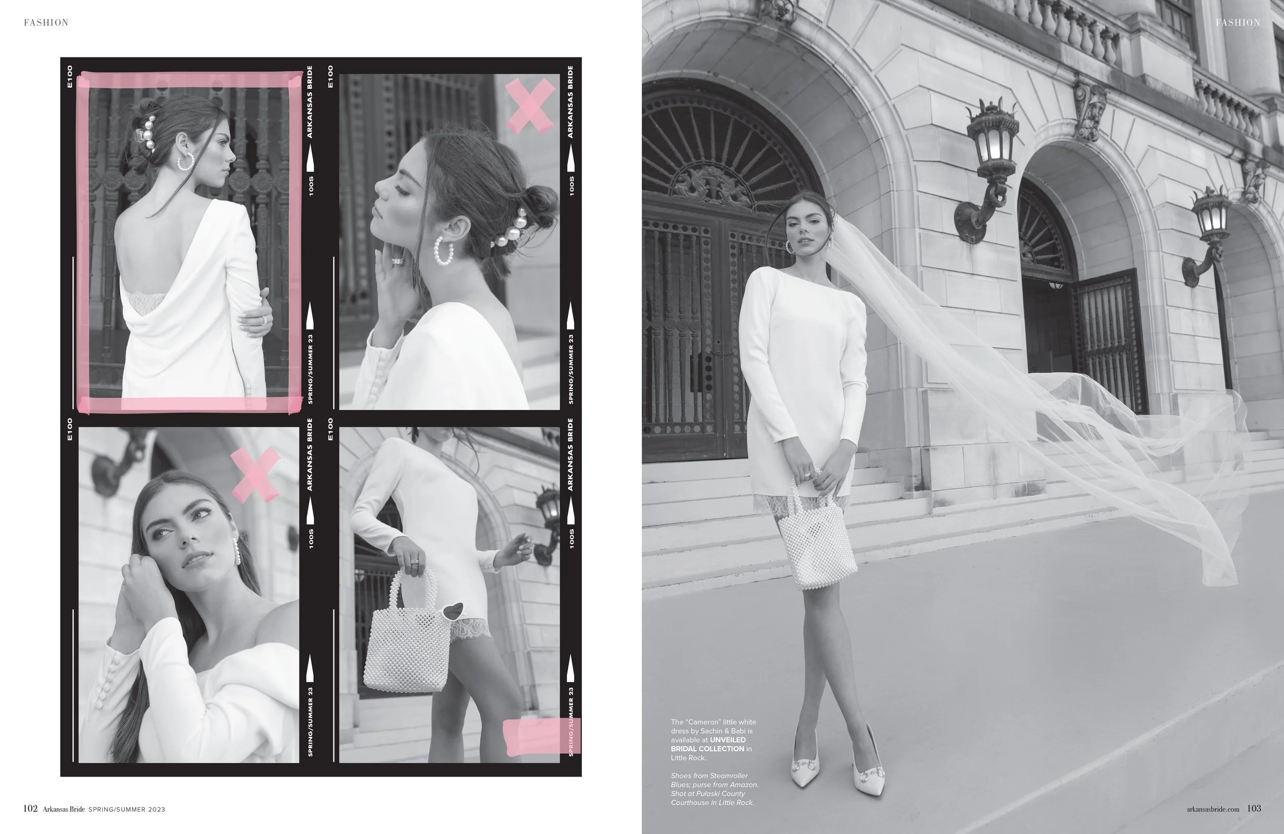 Fashion magazine spread featuring black and white photographs of a woman in a wedding dress and accessories, including earrings and a handbag, with some images highlighted in pink and black borders.