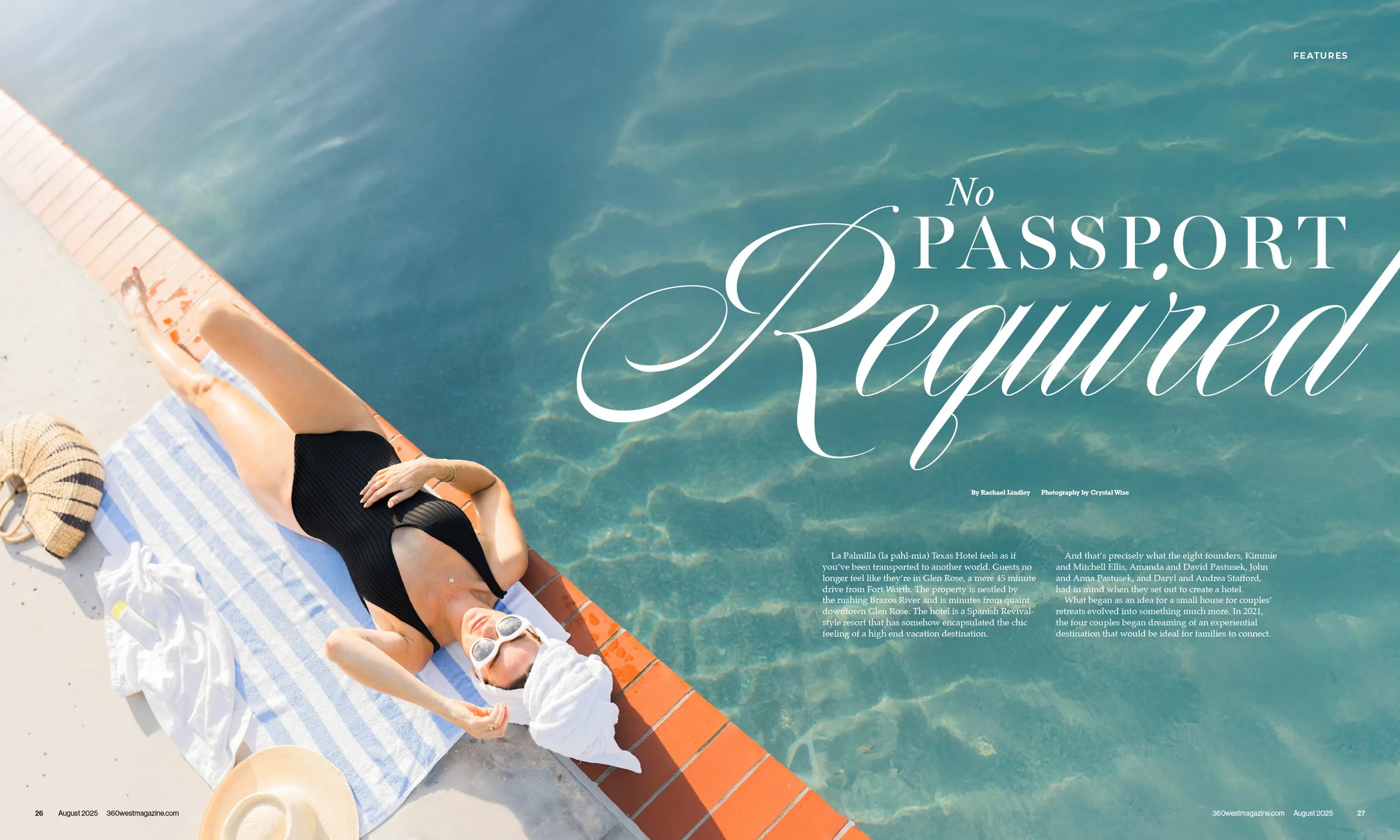 Woman lounging on a towel by a swimming pool, wearing a black swimsuit and sunglasses, with a hat and bag nearby