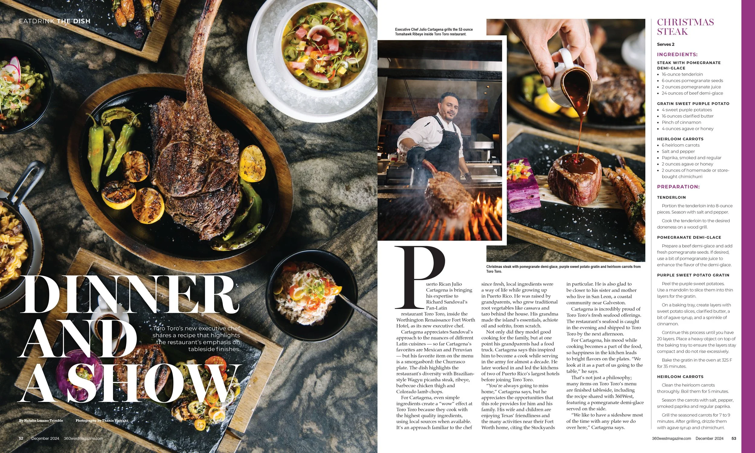 A magazine spread featuring a dinner setup with a grilled steak with lemon slices, grilled peppers, a bowl of soup with vegetables, and a dessert dish. In the center, a chef is grilling a steak with flames visible. The right side includes a recipe fo