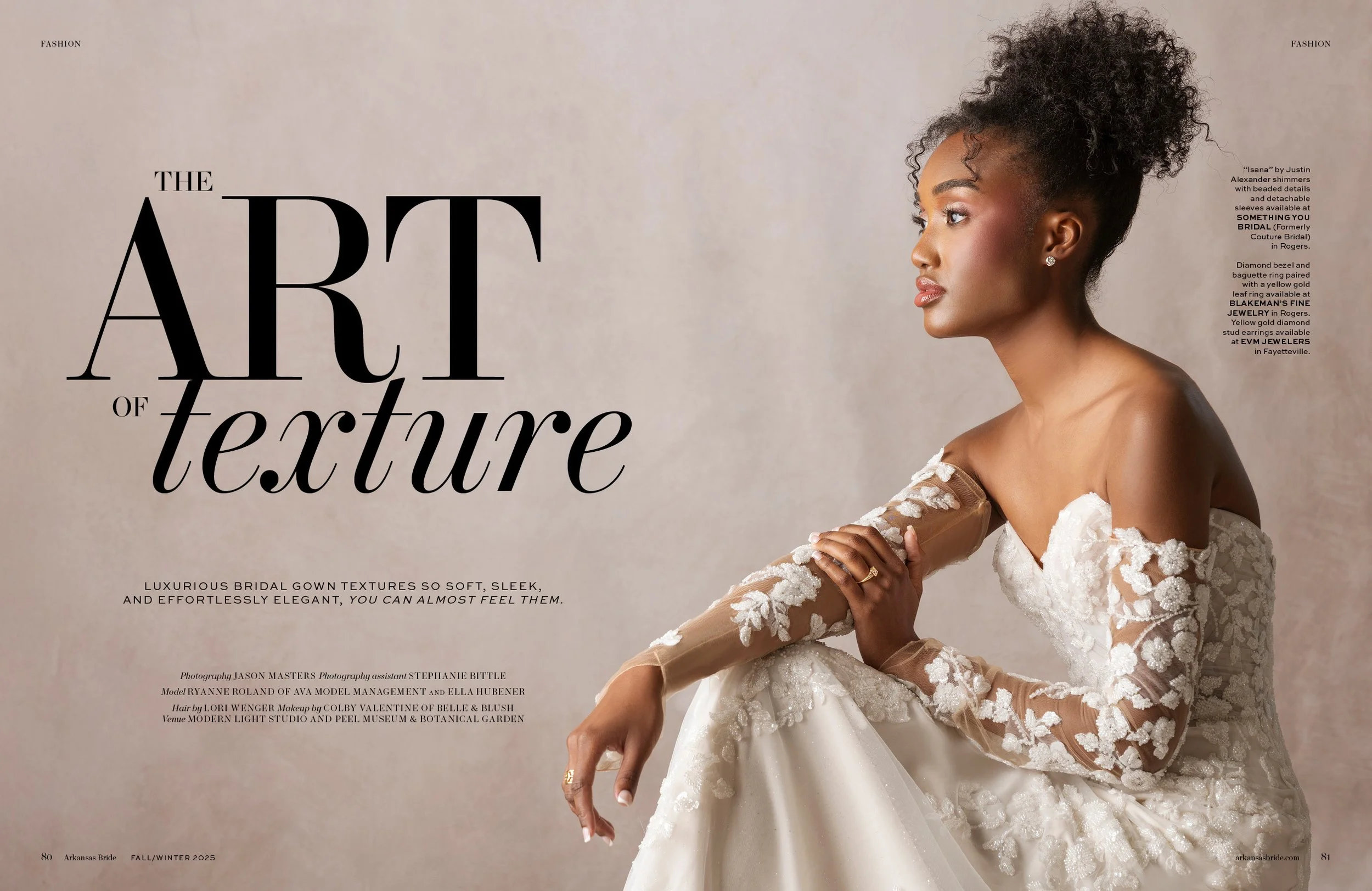 A woman in a luxurious bridal gown with floral lace details poses in profile against a neutral background.