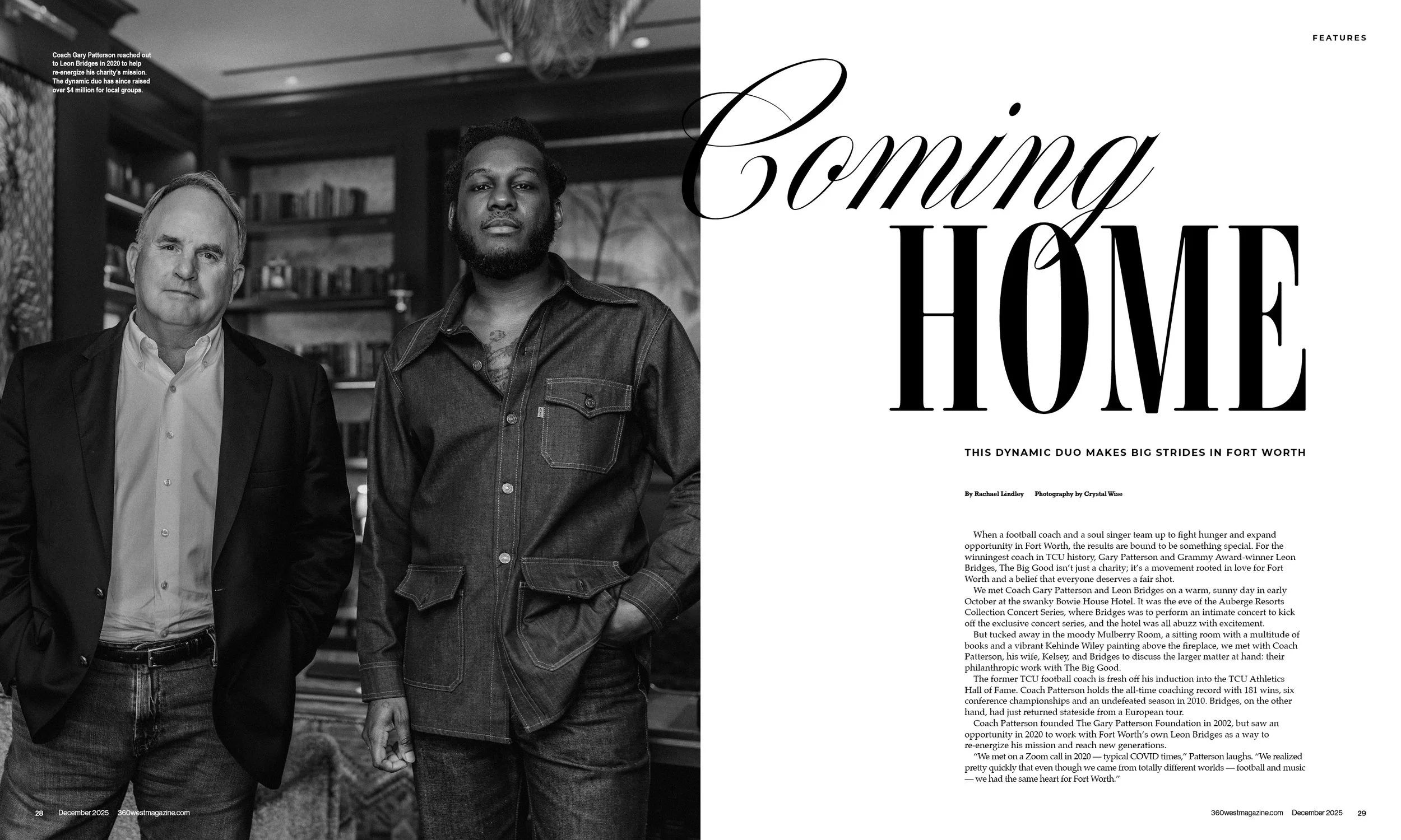 Black and white photo of two men posing indoors, one in a suit and the other in a denim jacket, with bookshelves in the background. The right side has a large title text that reads "Coming Home" and an article excerpt below.