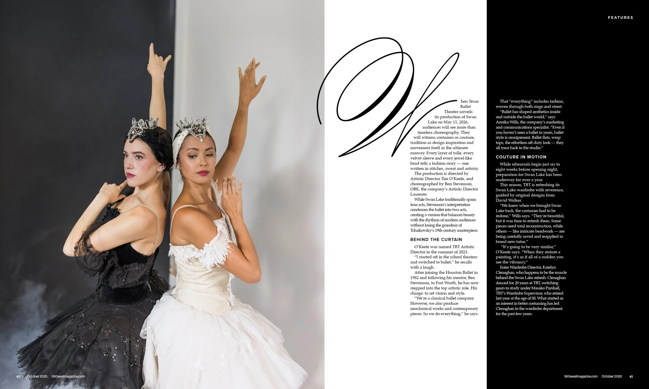 Two ballerinas dressed in black and white tutus, wearing crowns, striking elegant poses during rehearsal.