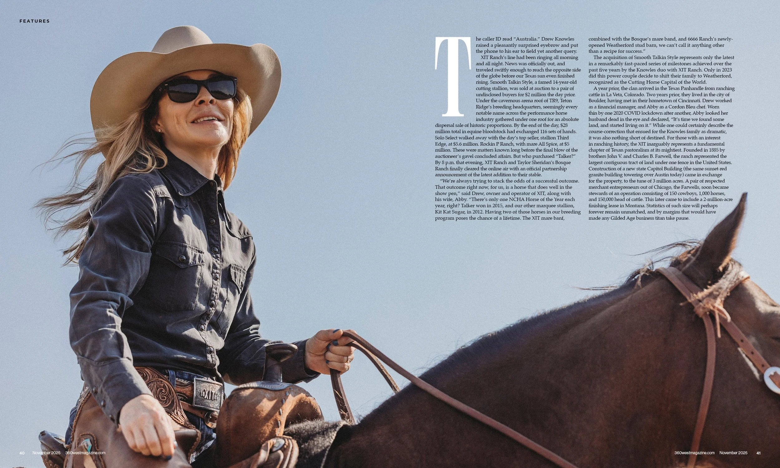 A woman with blonde hair, wearing a wide-brimmed hat, sunglasses, and a denim shirt, riding a horse against a clear blue sky.