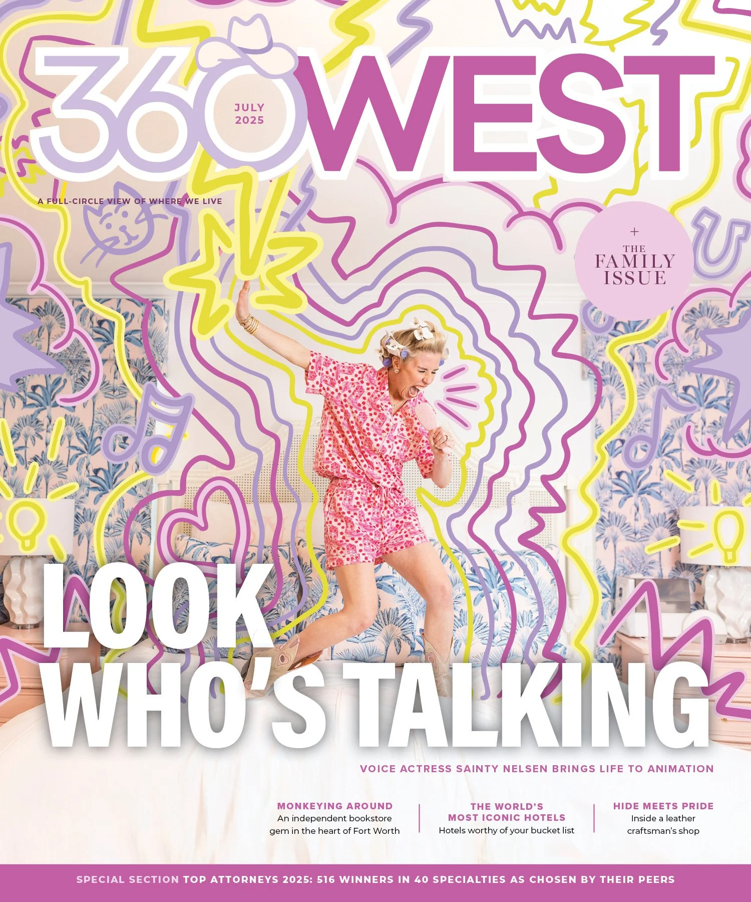 A woman with hair rollers, wearing pink patterned pajamas, jumping on a bed with a lively expression. Colorful doodles and text overlay the scene, including the magazine title '40 West' and the headline 'Look Who's Talking'.