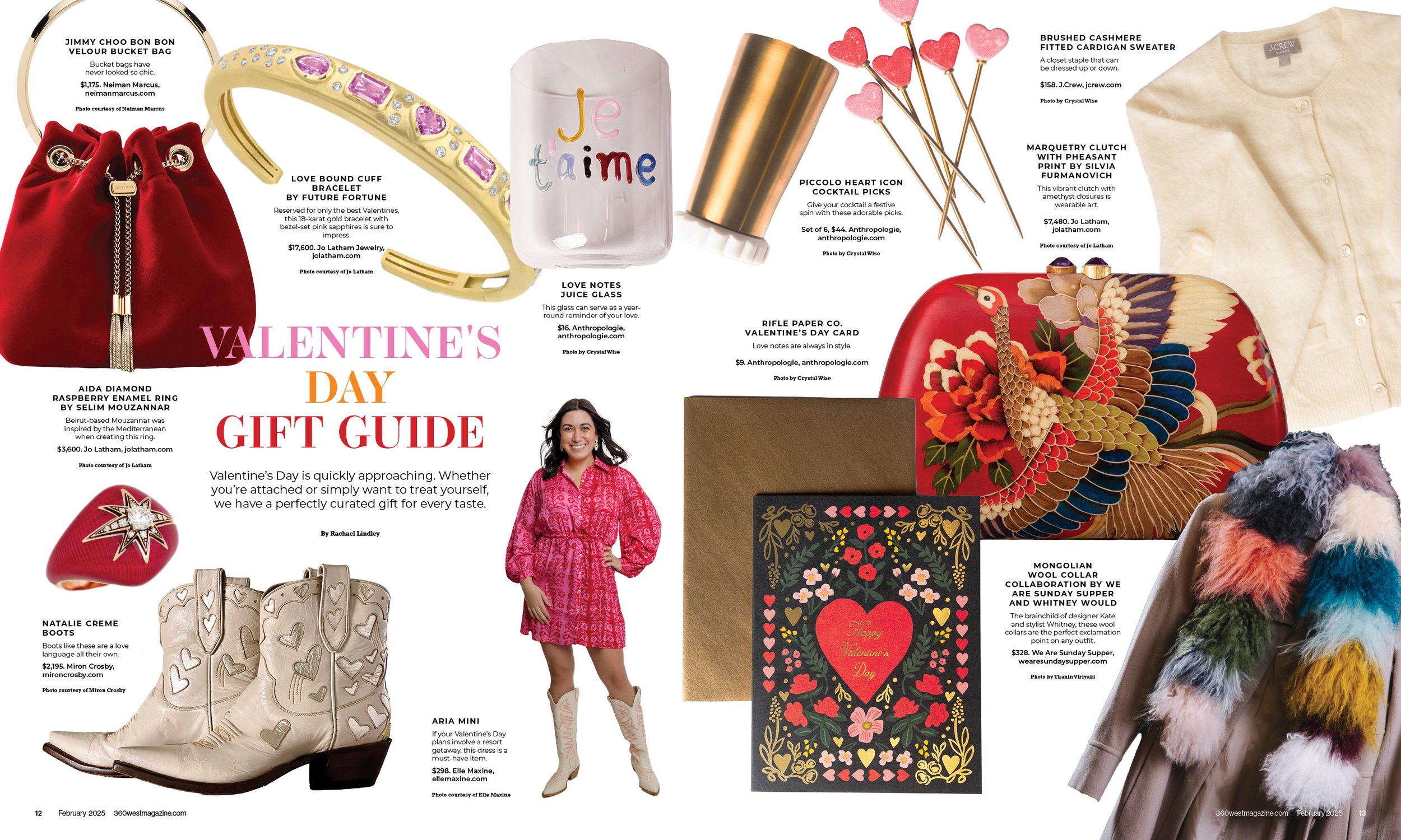 Valentine's Day gift guide featuring various gifts such as a red velvet bucket bag, gold bracelet with pink gemstones, love notes in a juice glass, cocktail picks with heart toppers, a cashmere cardigan, a raspberry enamel ring, white boots with hear