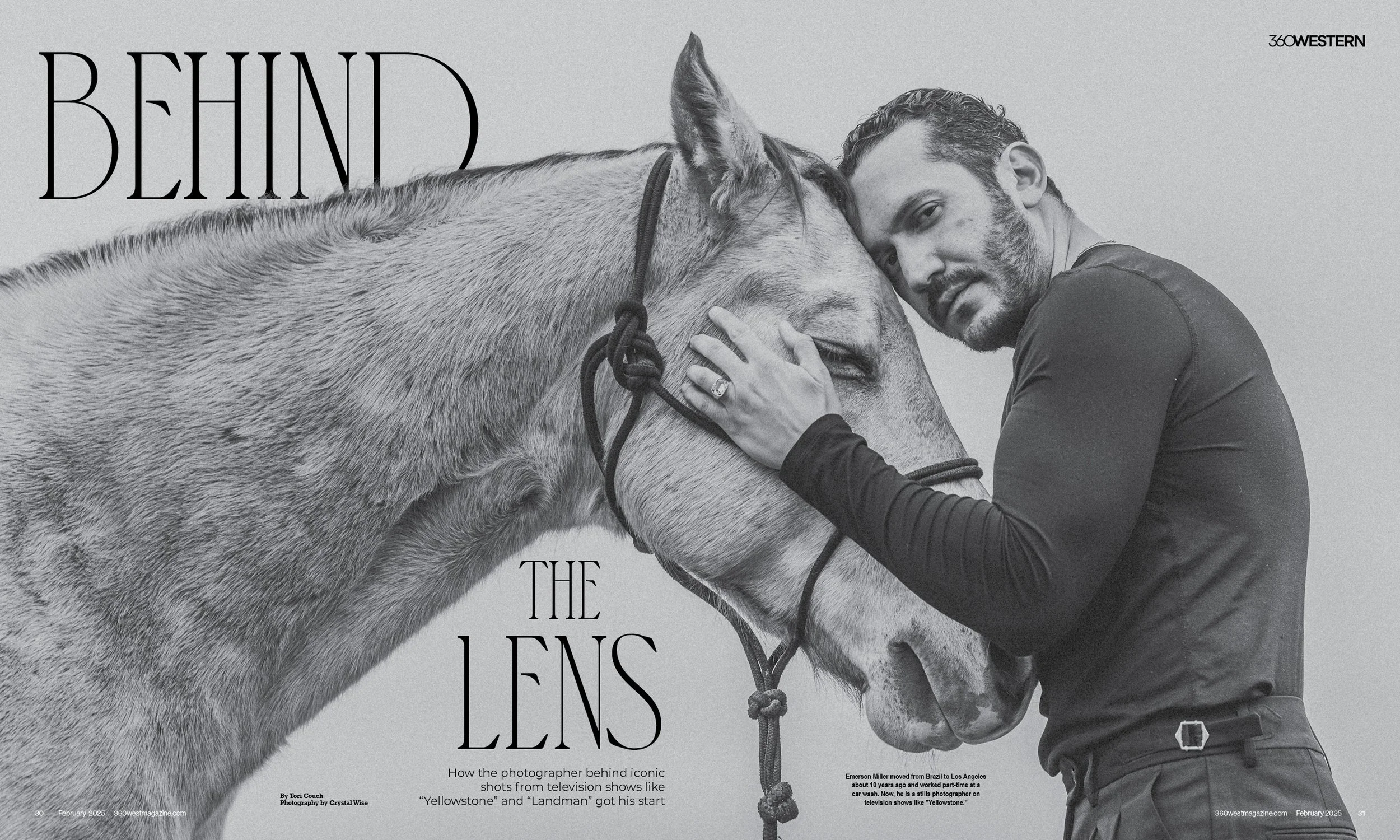 A black and white photograph of a man hugging a horse. The man has facial hair and is wearing a dark long-sleeve shirt. The horse is calm with its eyes closed and is wearing a bridle. The image appears on a magazine spread titled "Behind the Lens".