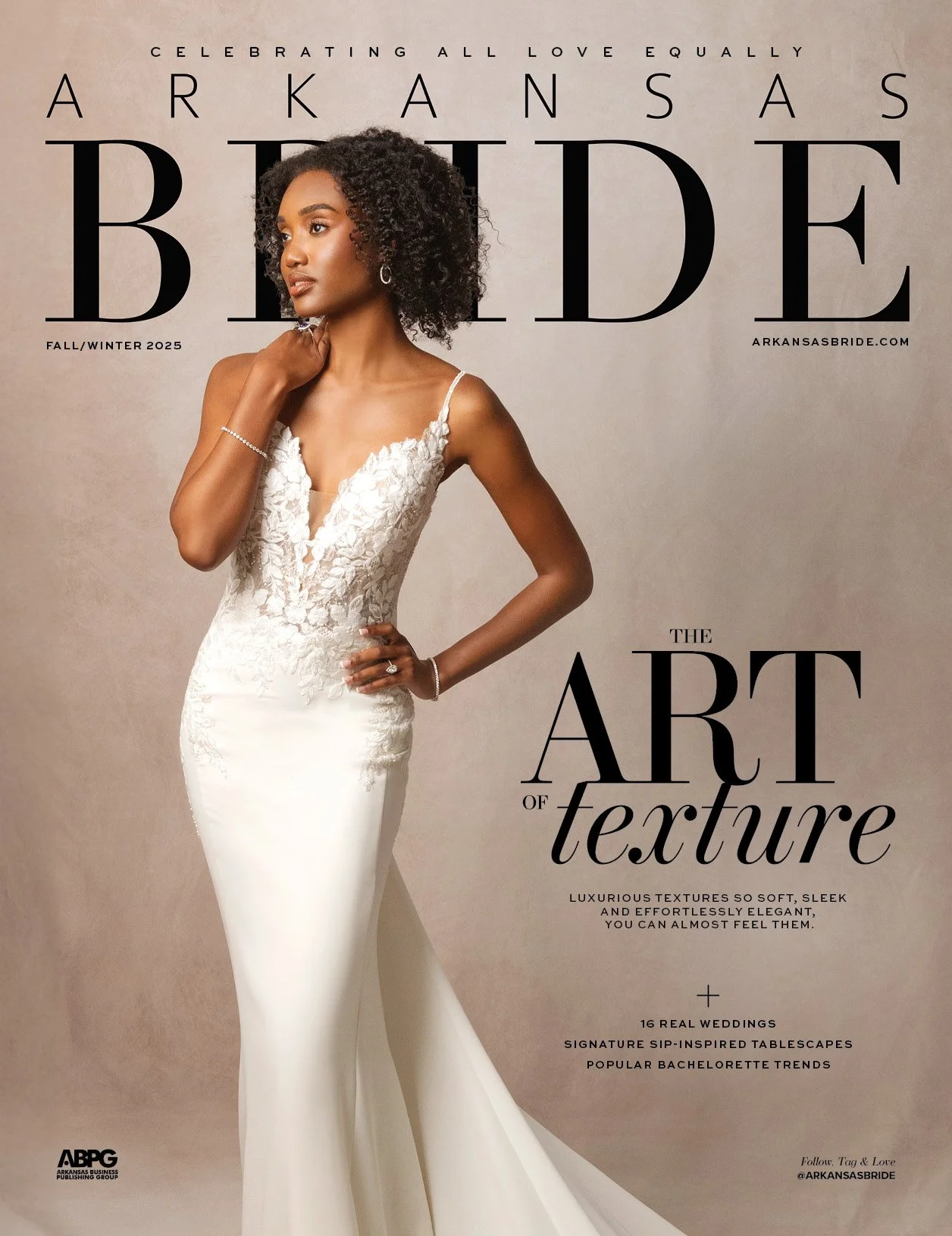 Magazine cover featuring a woman in a white wedding dress with lace details, posed against a neutral background. The cover highlights themes of love, texture, and wedding trends.