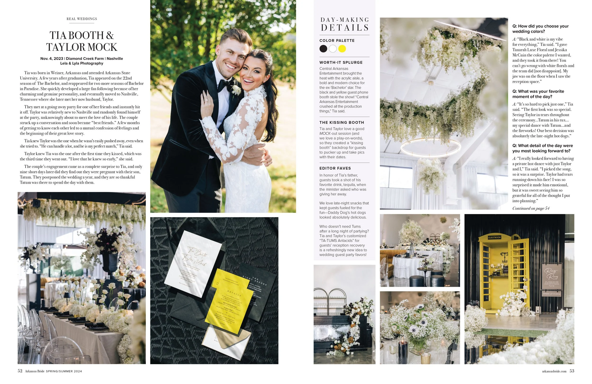 Two pages from a wedding magazine showing a smiling couple in wedding attire, decorated tables with white floral centerpieces, wedding invitations, and elegant interior wedding decor with white flowers, drapery, and lighting.