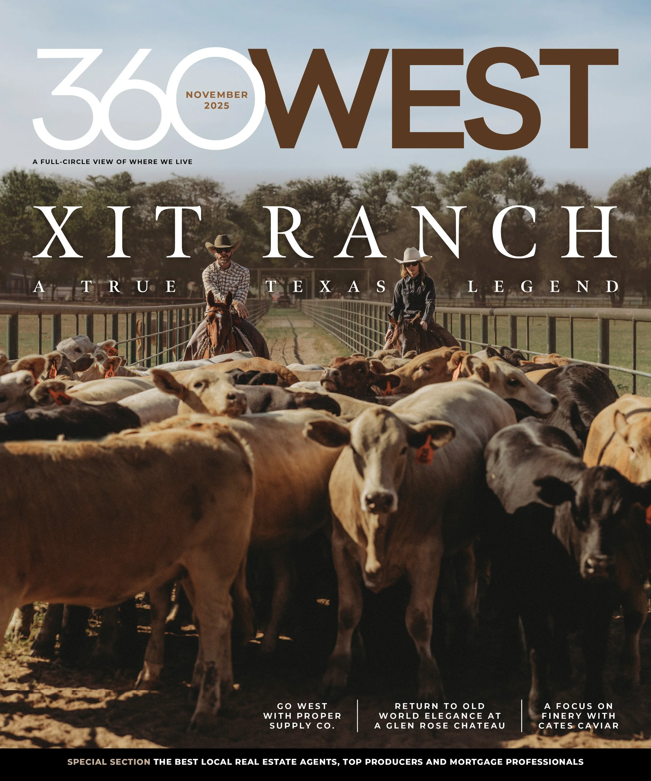 A magazine cover for 360 West November 2025 featuring a Texas ranch scene with two cowboys on horseback surrounded by cattle, under a partly cloudy sky.