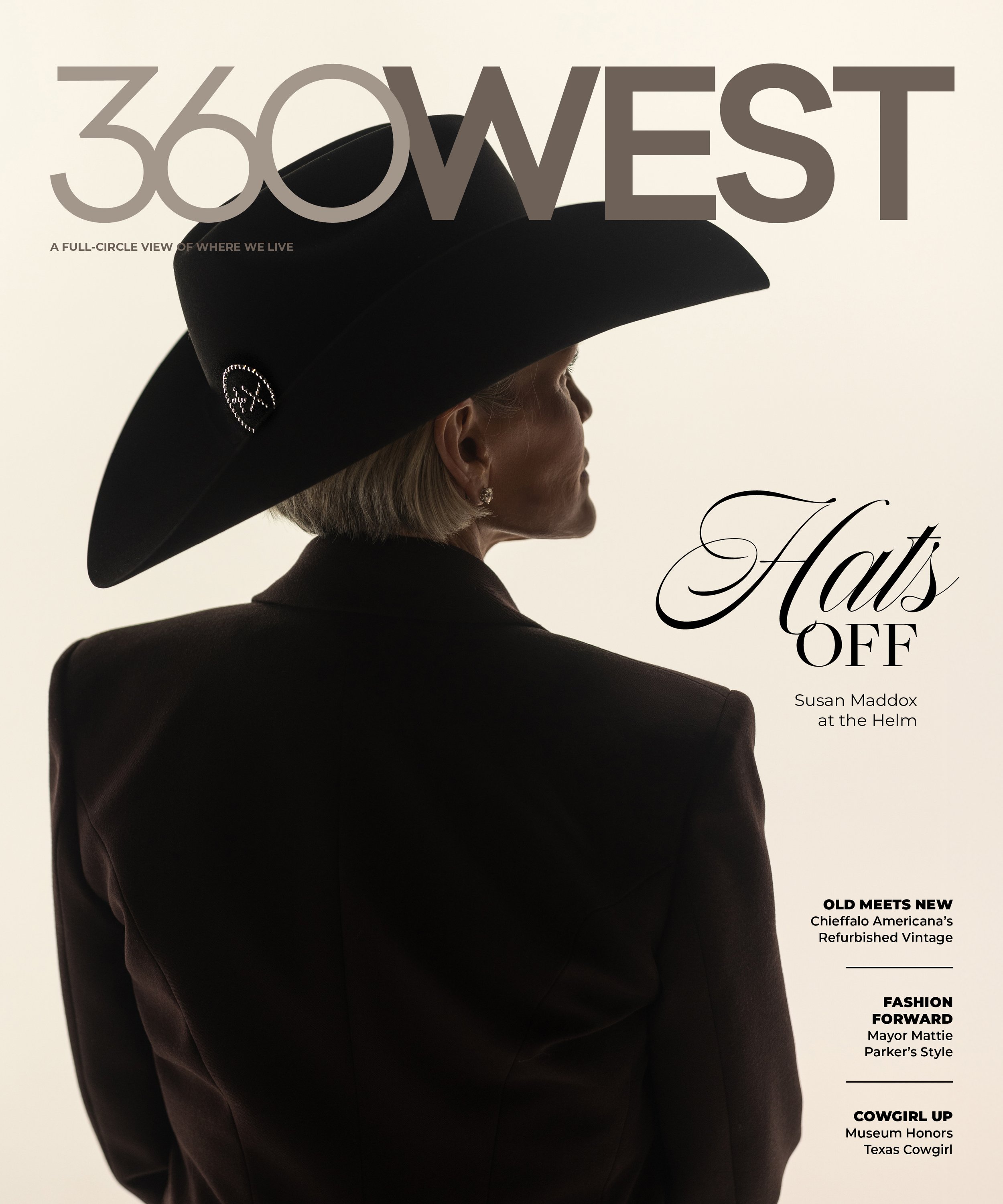 Cover of 360 West magazine featuring a woman in profile wearing a large black cowboy hat and dark blazer, with elegant text and article headlines.