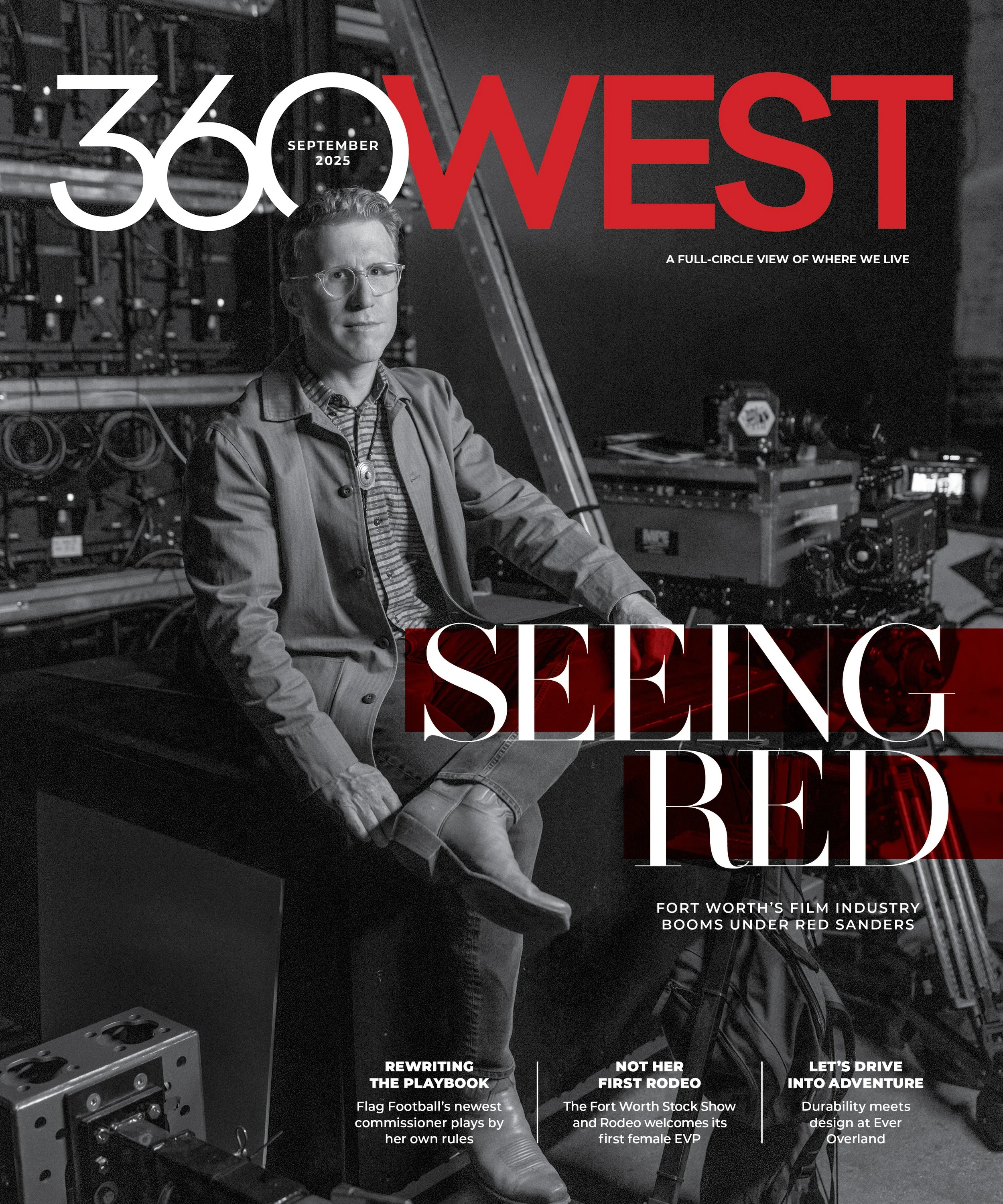 A black and white photo of a person with short hair and glasses sitting indoors surrounded by film or camera equipment, with the magazine title '360 WEST' and headlines about film industry and local stories.