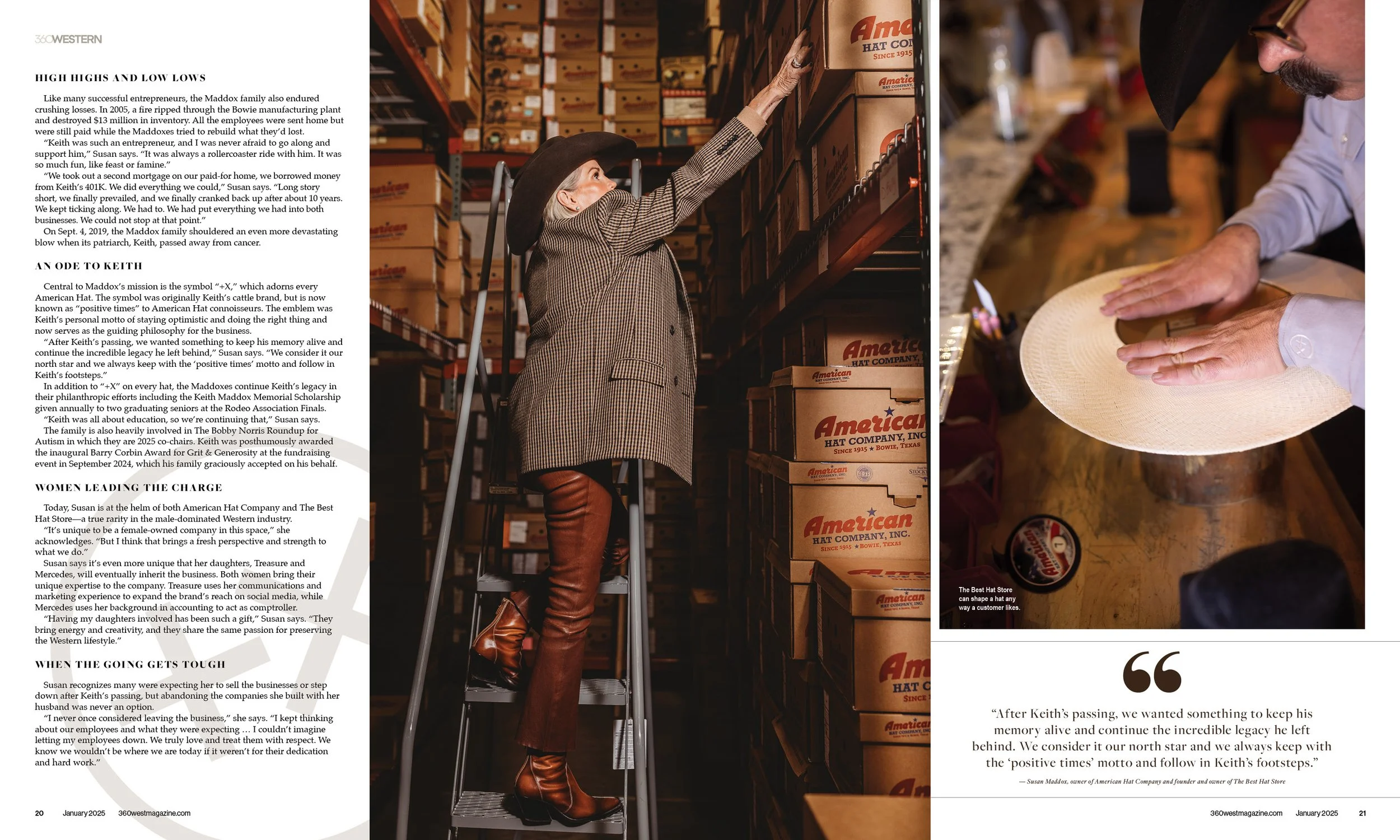 A woman with gray hair and a black hat reaching for boxes of American Hat Company products on a shelf in a warehouse. She is wearing a checkered blazer, brown leather pants, and boots. A man in a gray shirt and black hat is showing a straw hat at a c