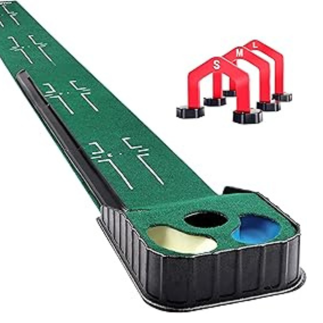 Golf training aid with a curved green mat, white markings, and four red training flags labeled S, M, L, and XL.