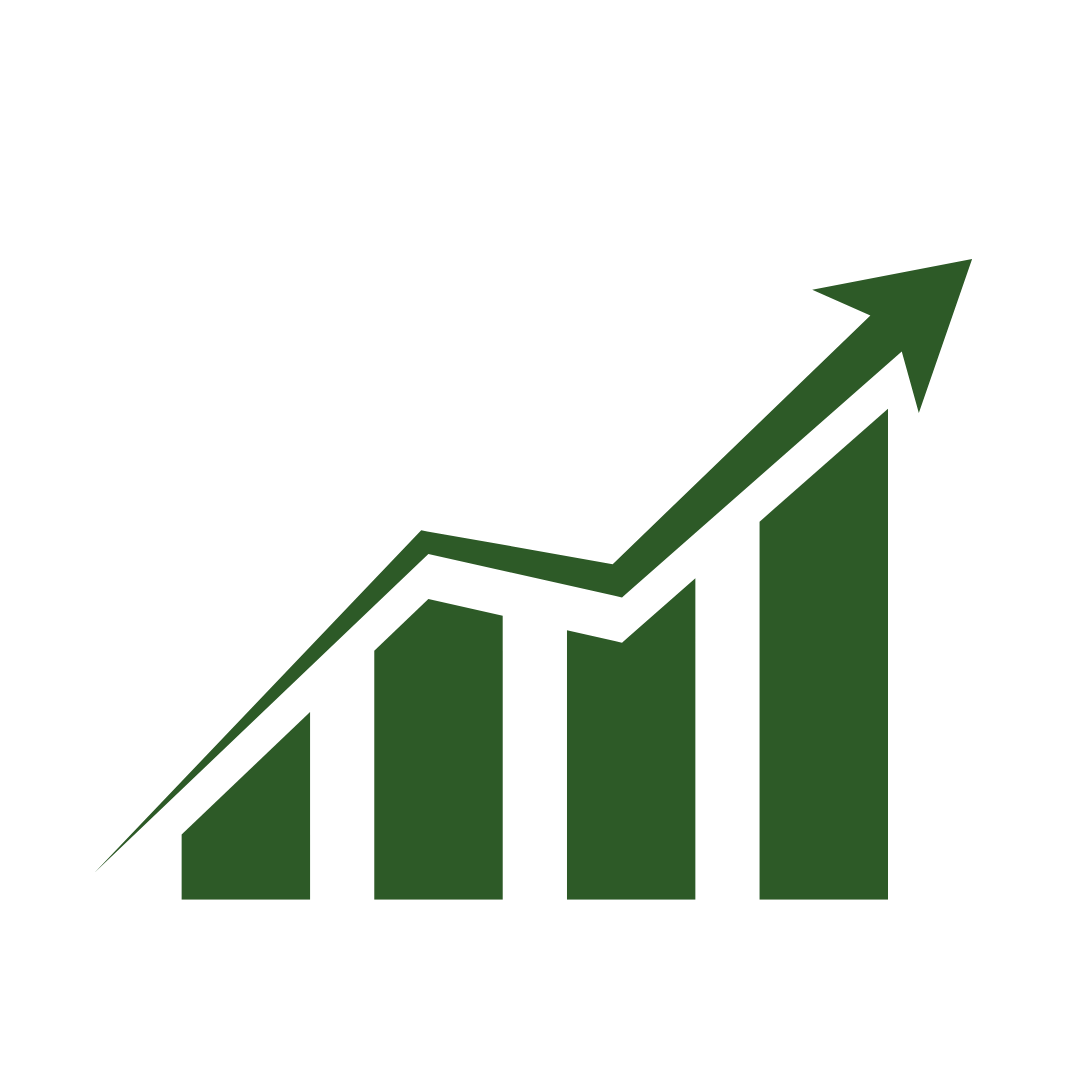 Green bar chart with an upward trending arrow indicating growth or increase.