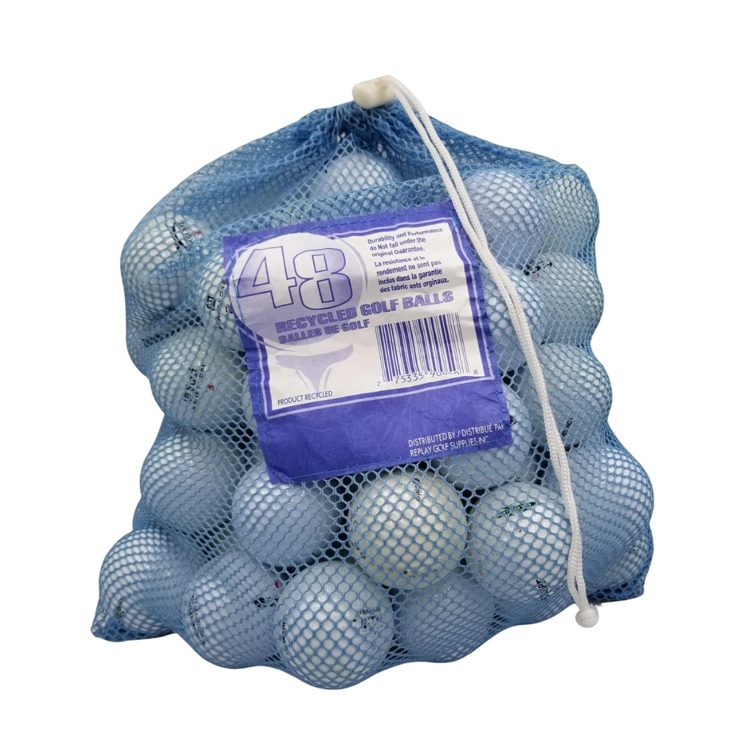 Blue mesh bag filled with recycled golf balls labeled '48 recycled golf balls.'