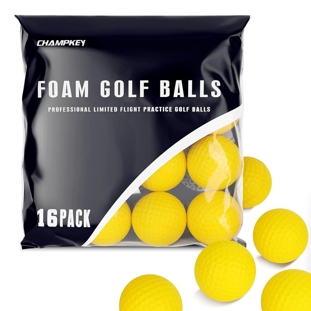 A package of 16 yellow foam golf balls with some foam golf balls spilling out of the package.