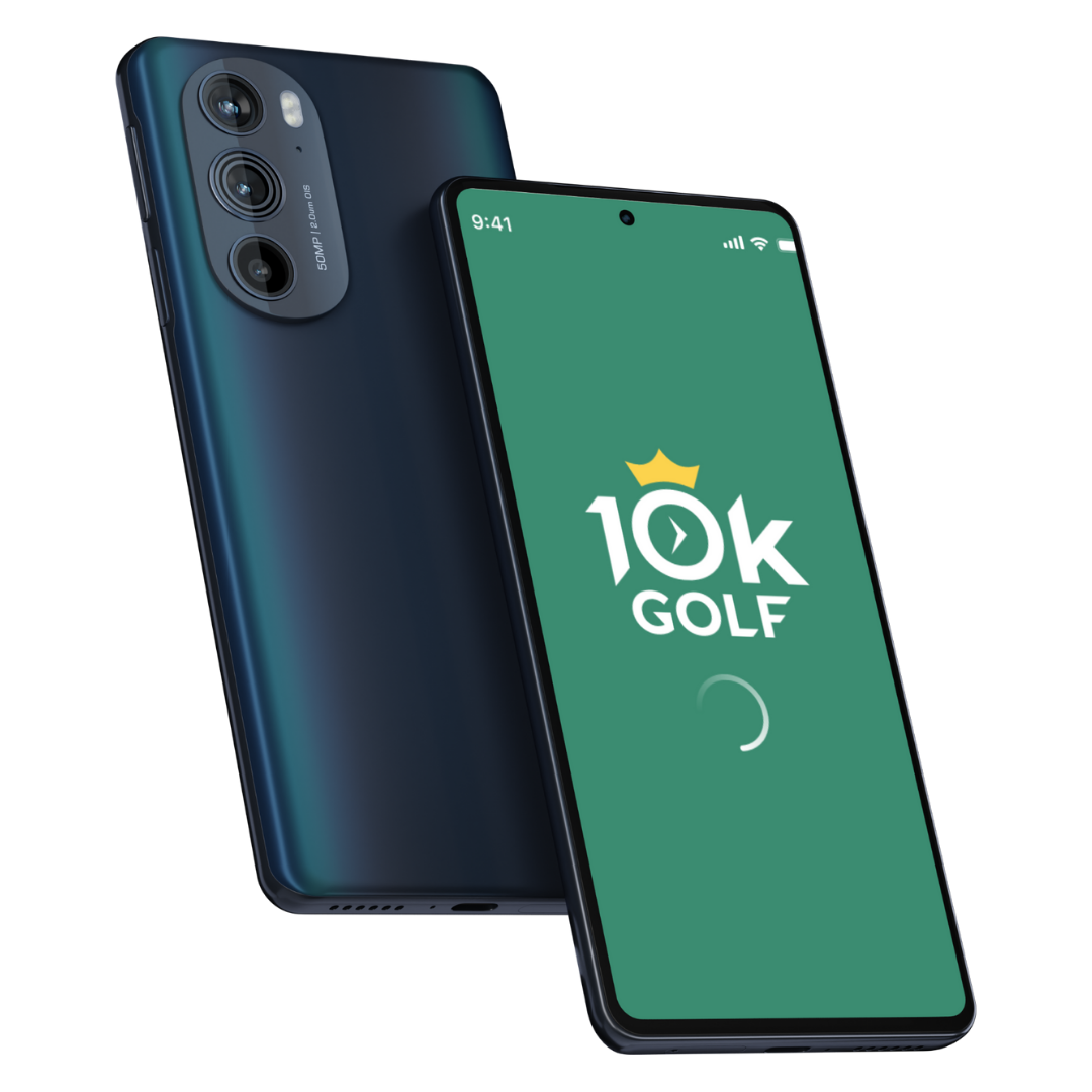 A modern smartphone with the screen displaying a loading graphic for a 10K Golf app.