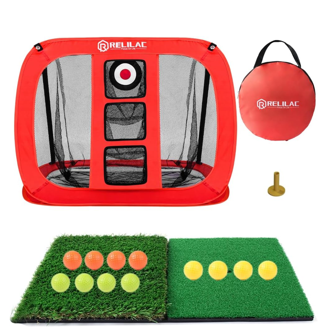 A portable golf training net with a target, four orange golf balls, four yellow golf balls, a round carrying bag, and a tee, all from Relilac.