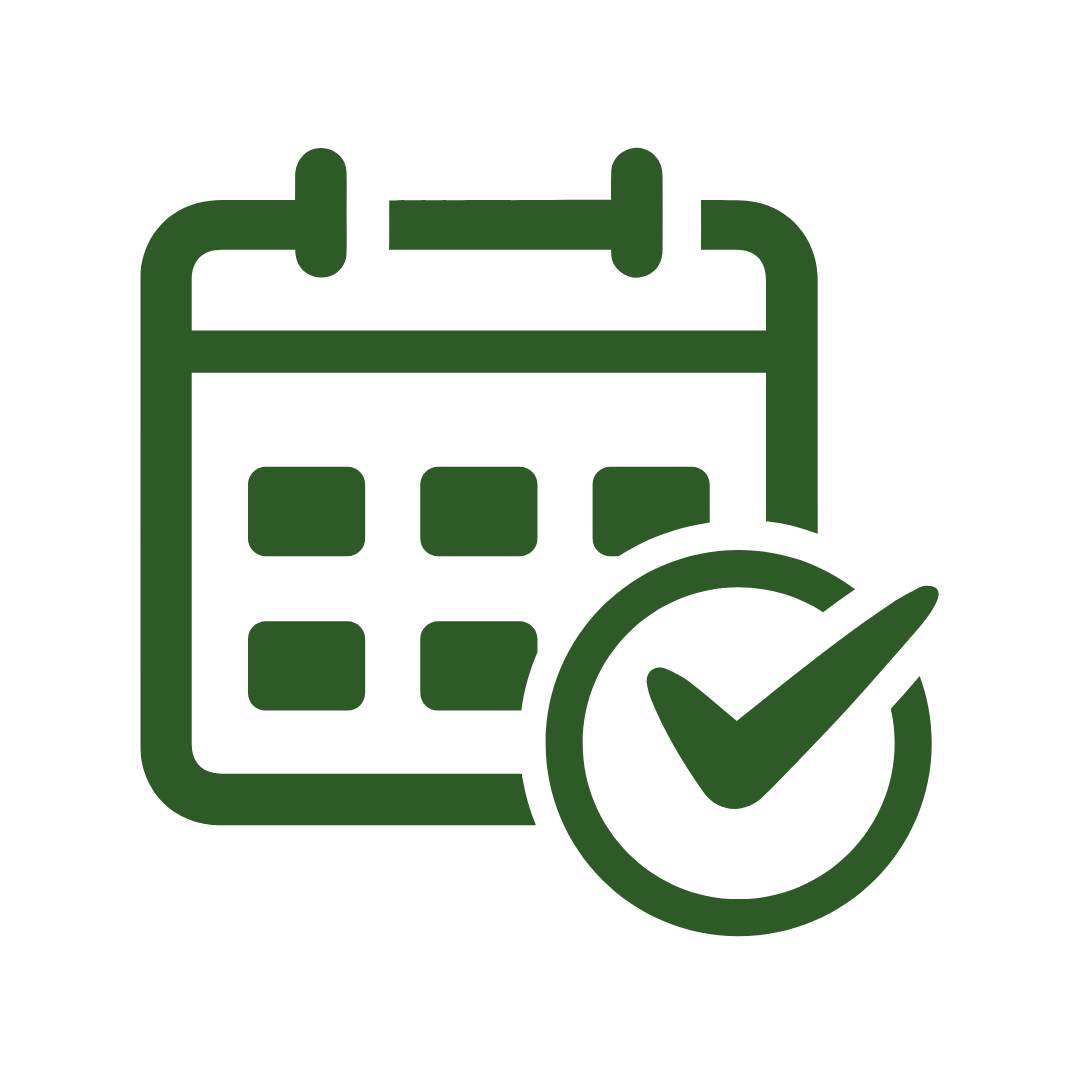Green calendar icon with a checkmark inside a circle.